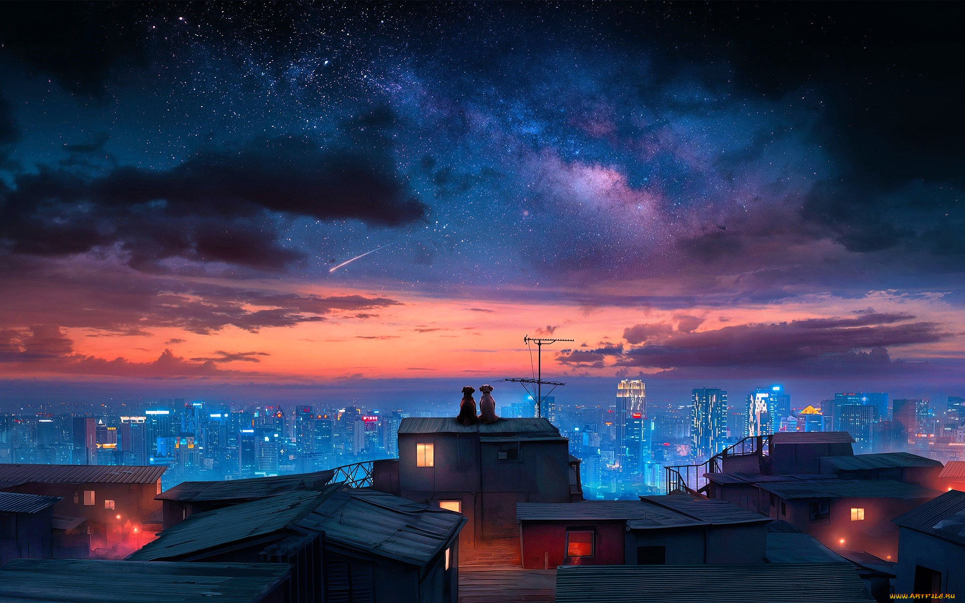 рисованное, животные, , собаки, собаки, пара, город, панорама, крыши, ночь, огни