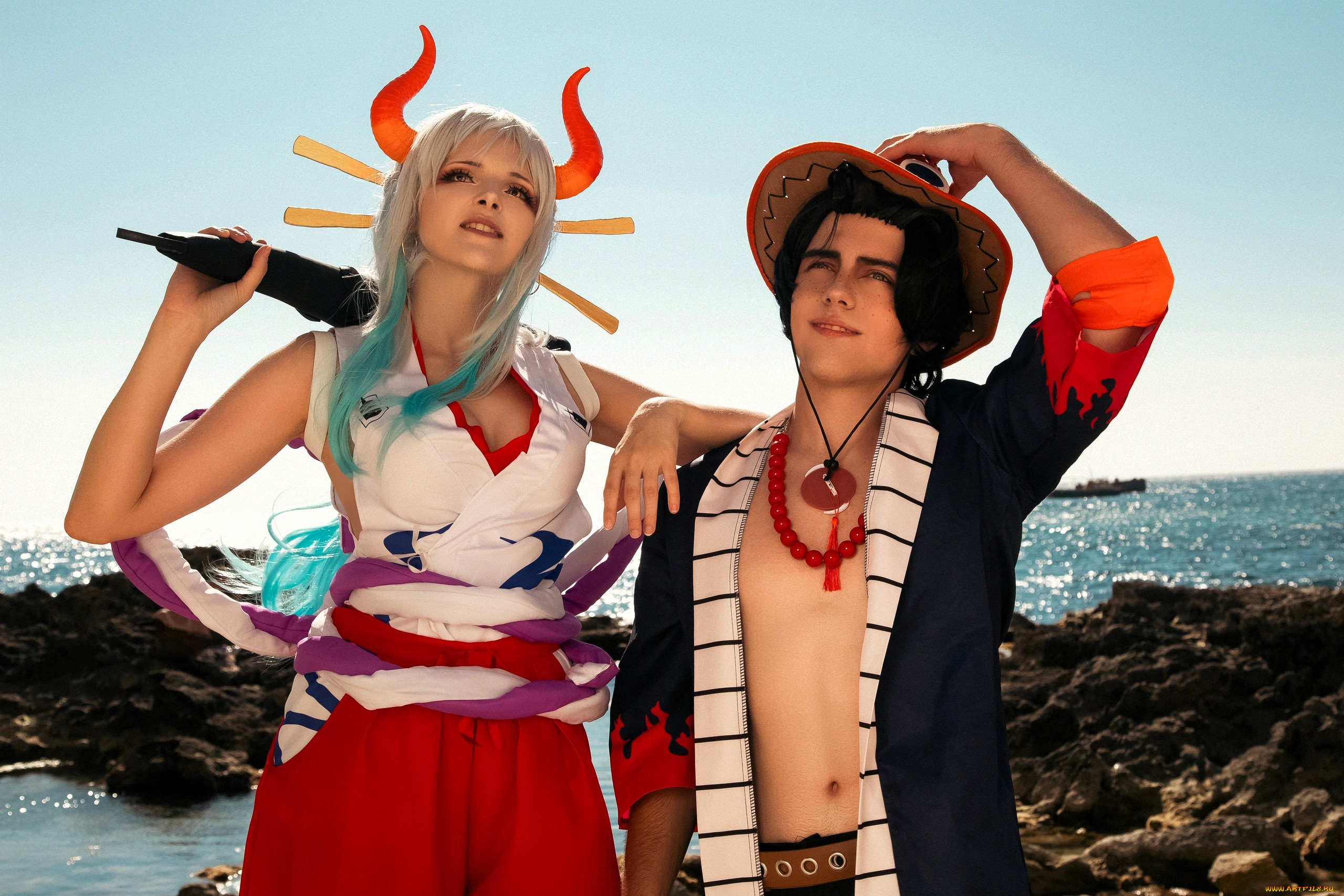 девушки, mari, aisu, образы, косплей, костюмы, оружие, парень, камни, море
