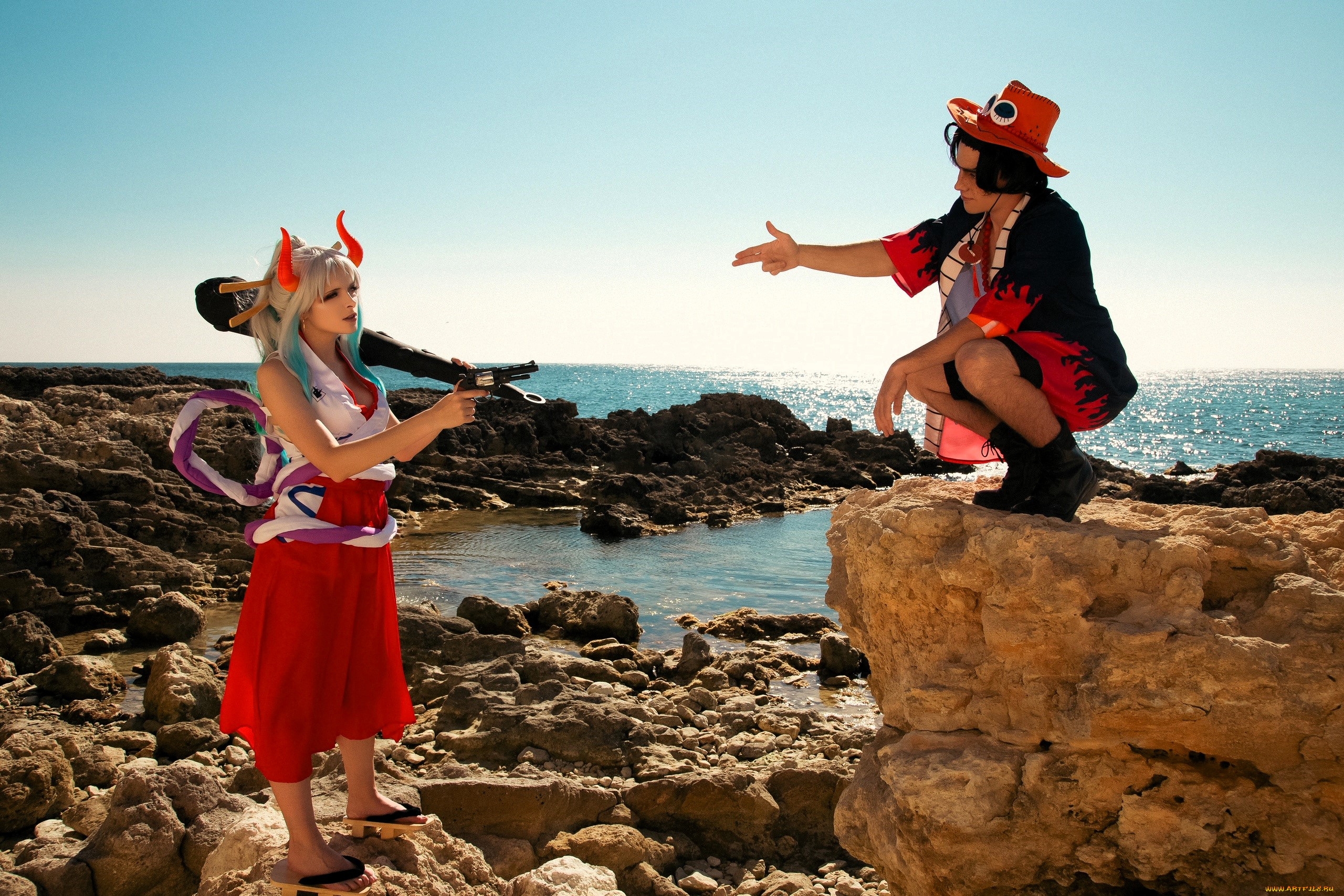 девушки, mari, aisu, образы, косплей, костюмы, оружие, парень, камни, море