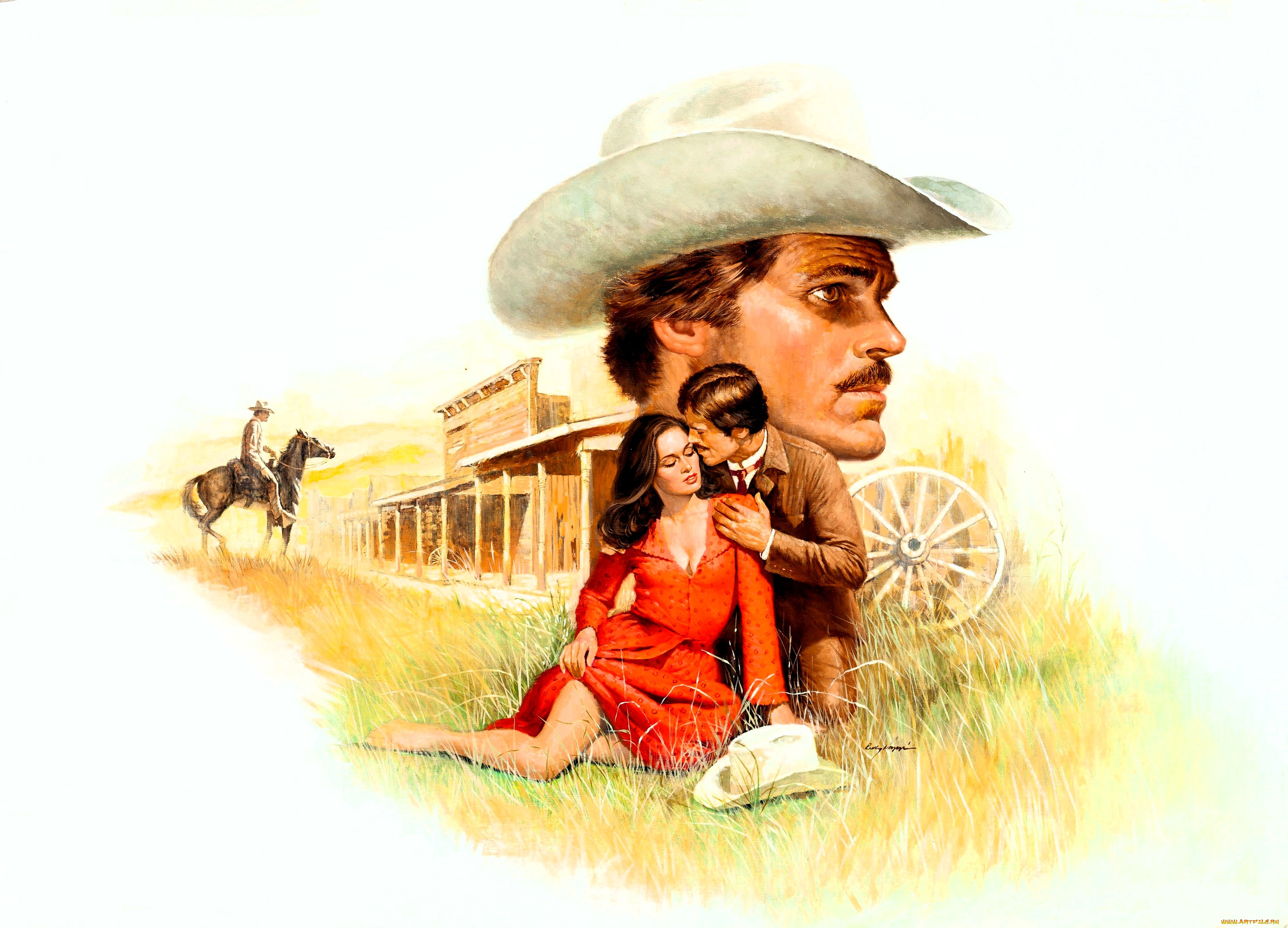 рисованное, люди, мужчина, женщина, шляпа, любовь, всадник, салун