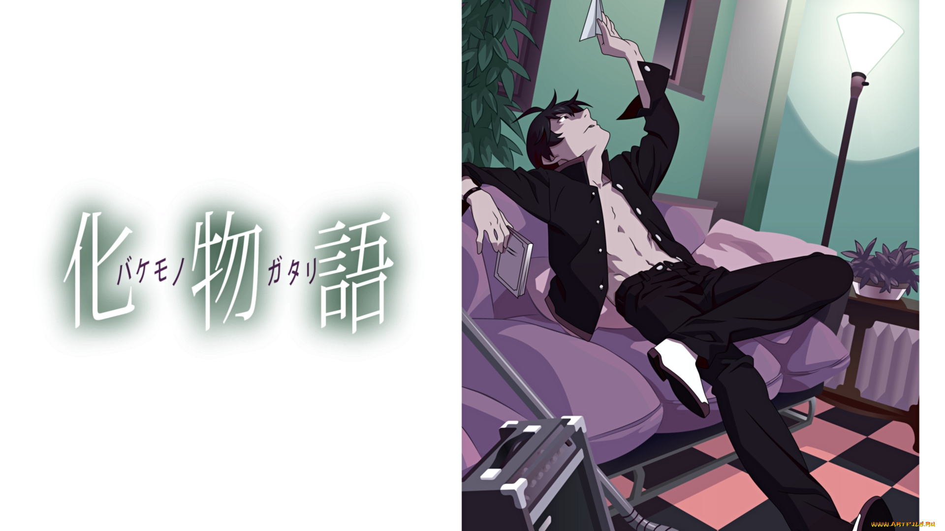 аниме, bakemonogatari, комната, диван, лампа, клетчатый, пол, бумажный, самолетик, мужчина, araragi, koyomi