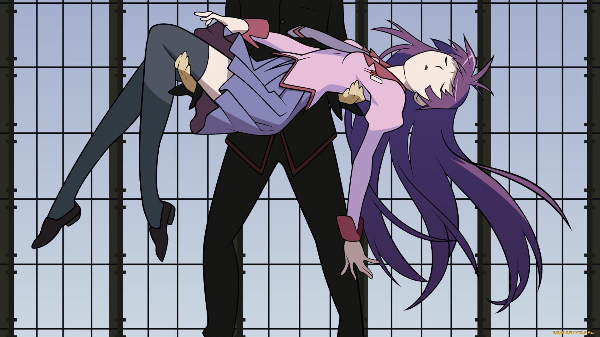 аниме, bakemonogatari, senjougahara, hitagi, девушка, падение, форма, мужчина, araragi, koyomi