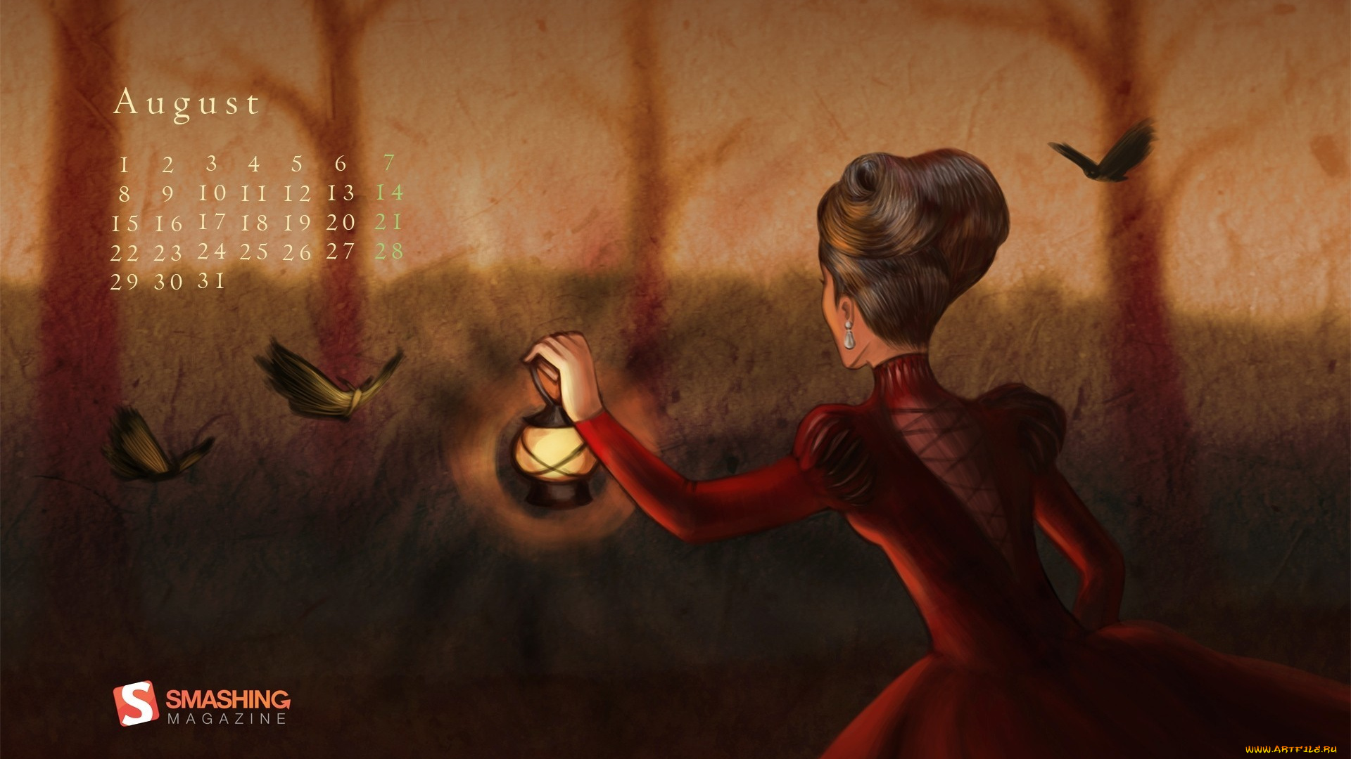 календари, рисованные, векторная, графика, птицы, женщина, фонарь