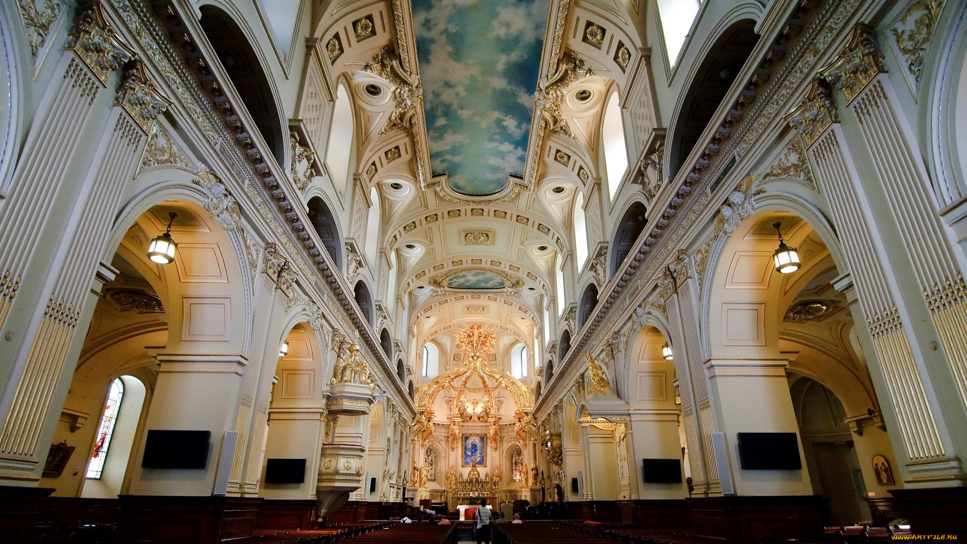 нотр, дам, де, квебек, канада, интерьер, убранство, роспись, храма, потолок, небо, арки