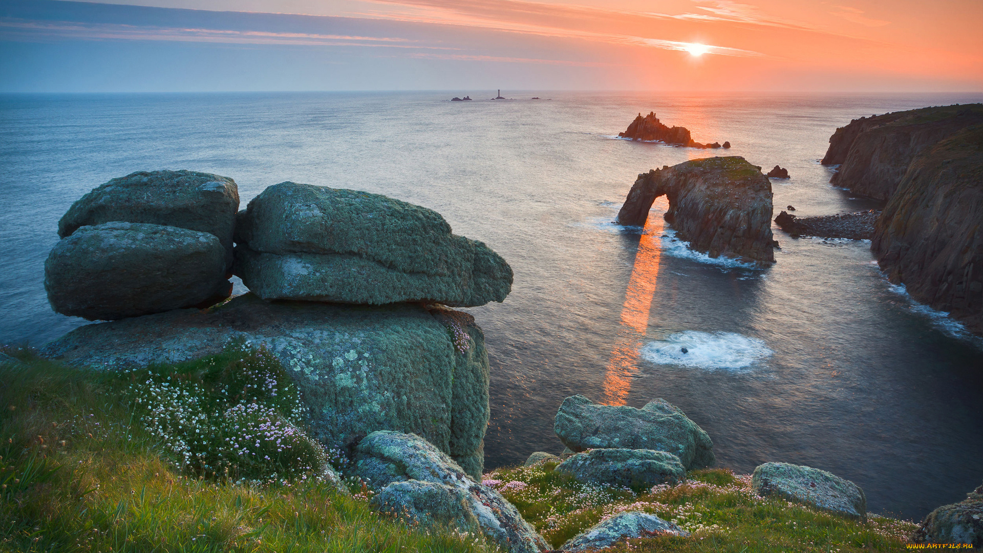 природа, побережье, скалы, море, закат, камни