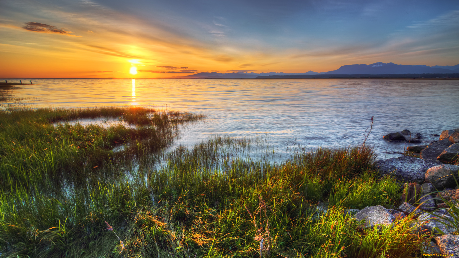 природа, восходы, закаты, трава, закат, озеро