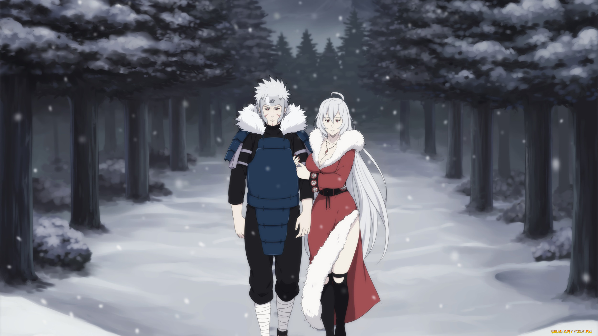 аниме, naruto, горы, деревья, снег