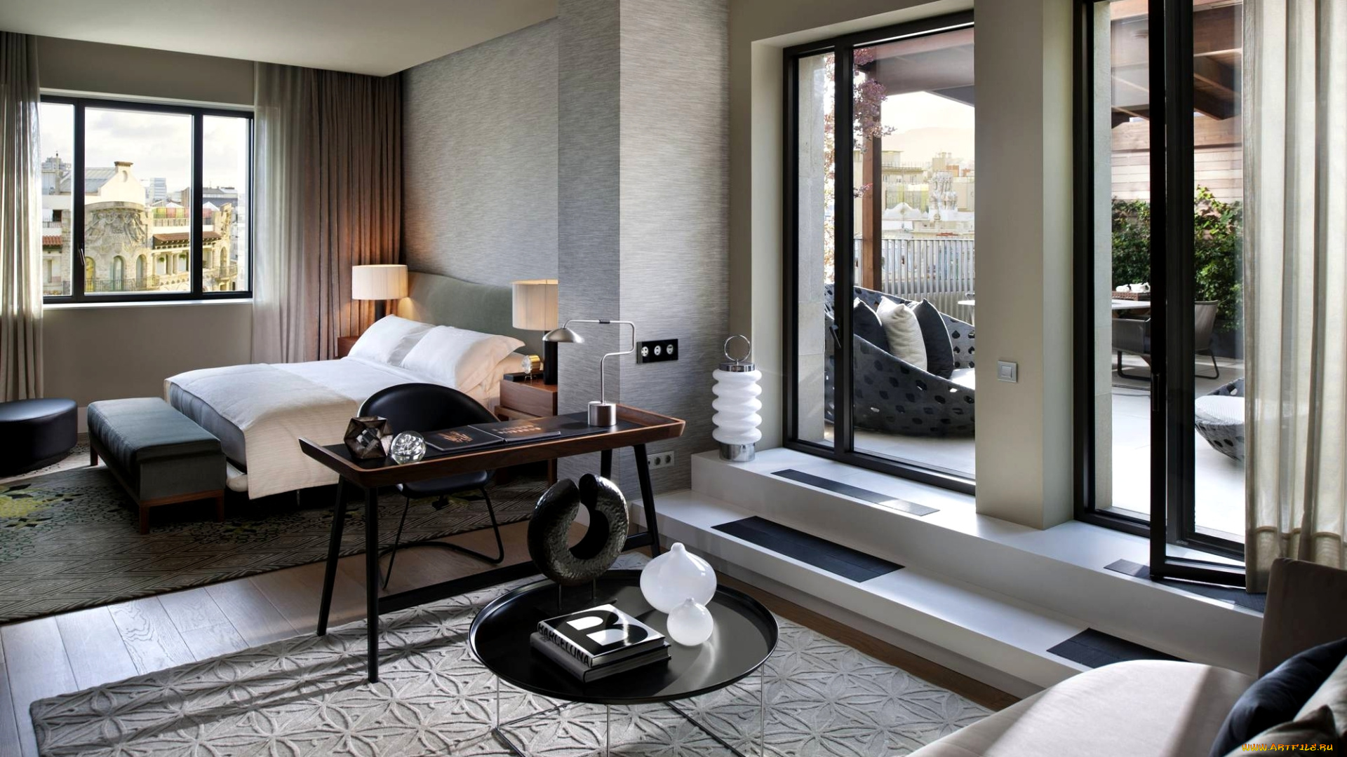 интерьер, спальня, кровать, белый, серый, бежевый, комната, стиль, дизайн, столики, диван, подушки, двери, балкон, окно