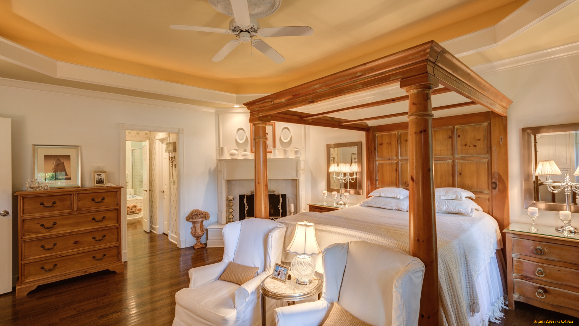 интерьер, спальня, кровать, подушки, светильник