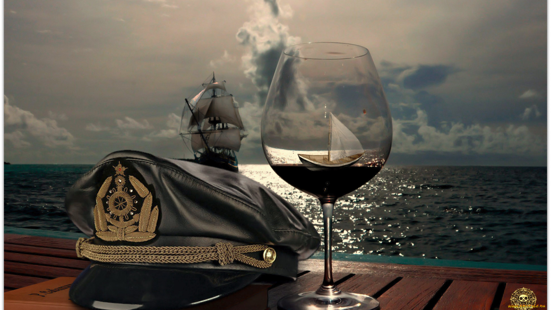 разное, компьютерный, дизайн, бокал, море, вечер