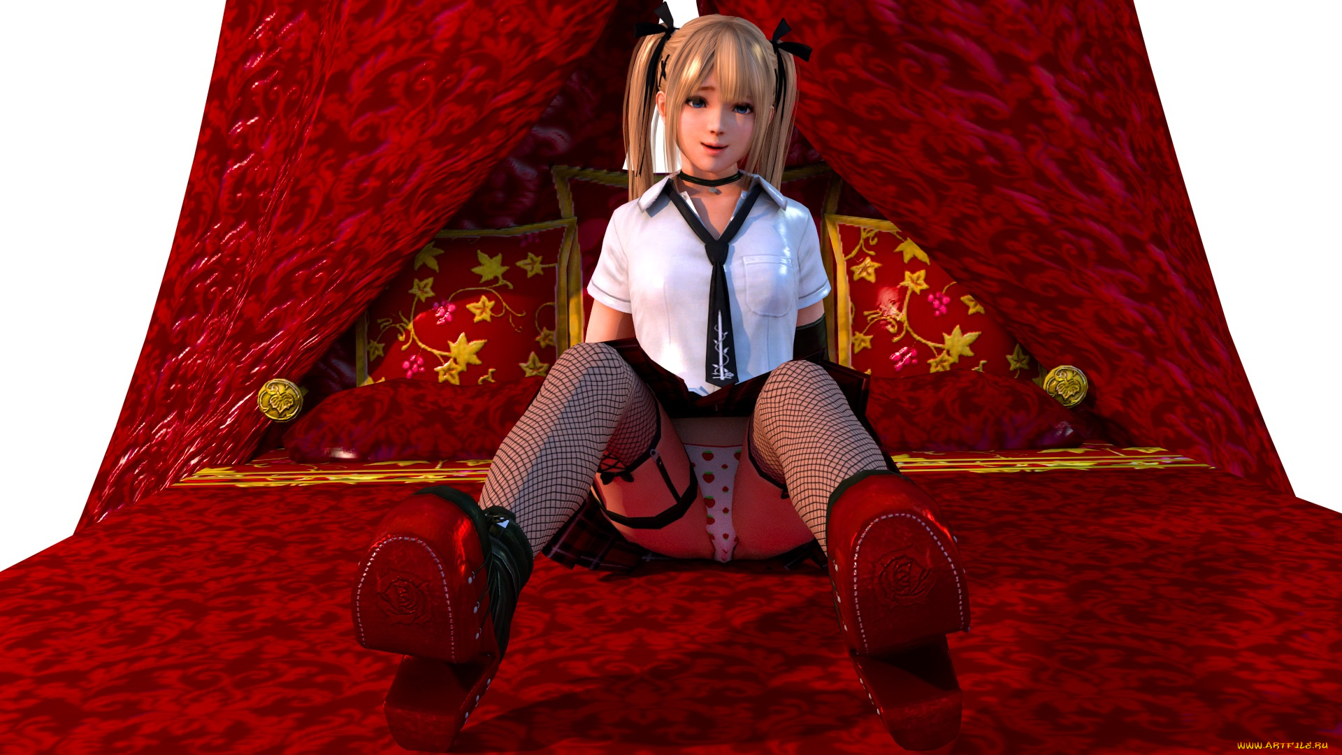 3д, графика, аниме, , anime, кровать, взгляд, девушка