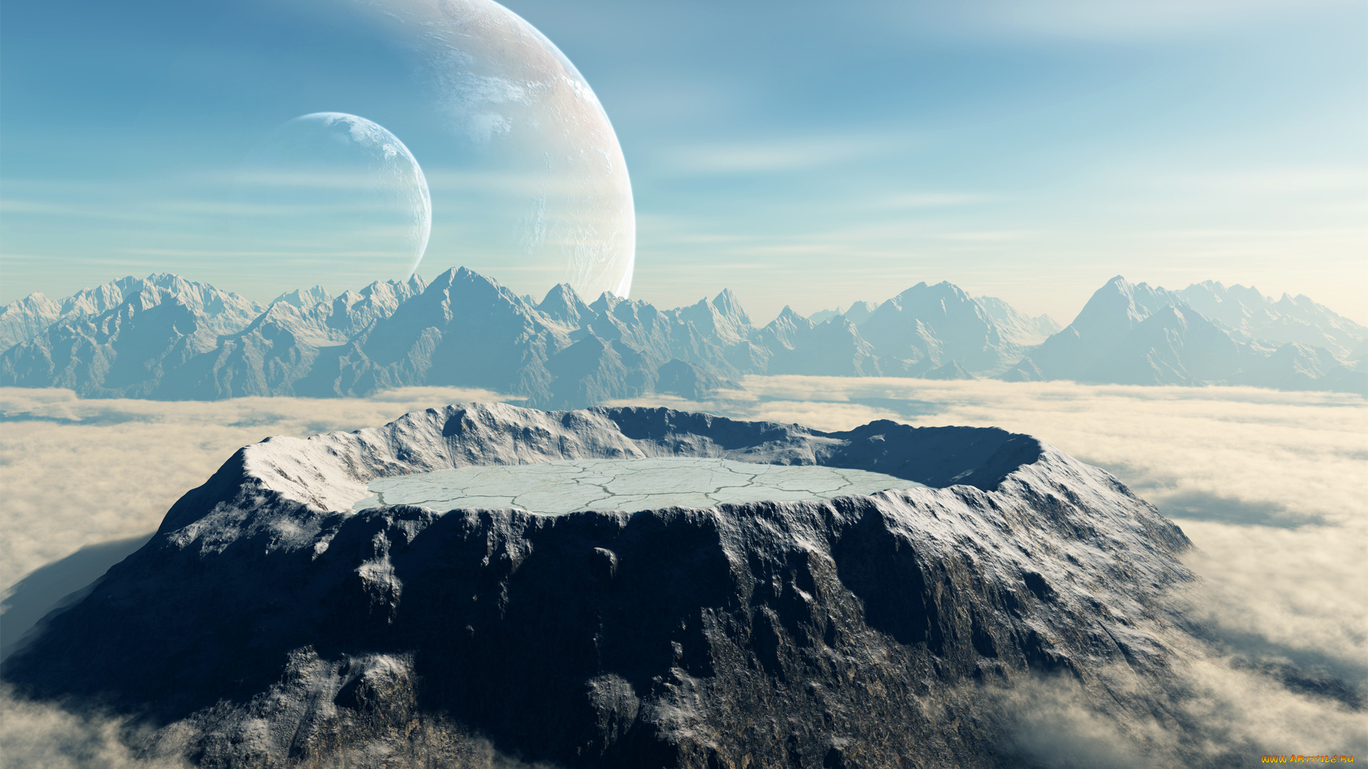 3д, графика, атмосфера, настроение, , atmosphere, , , mood, , горы, облака, планеты, кратер