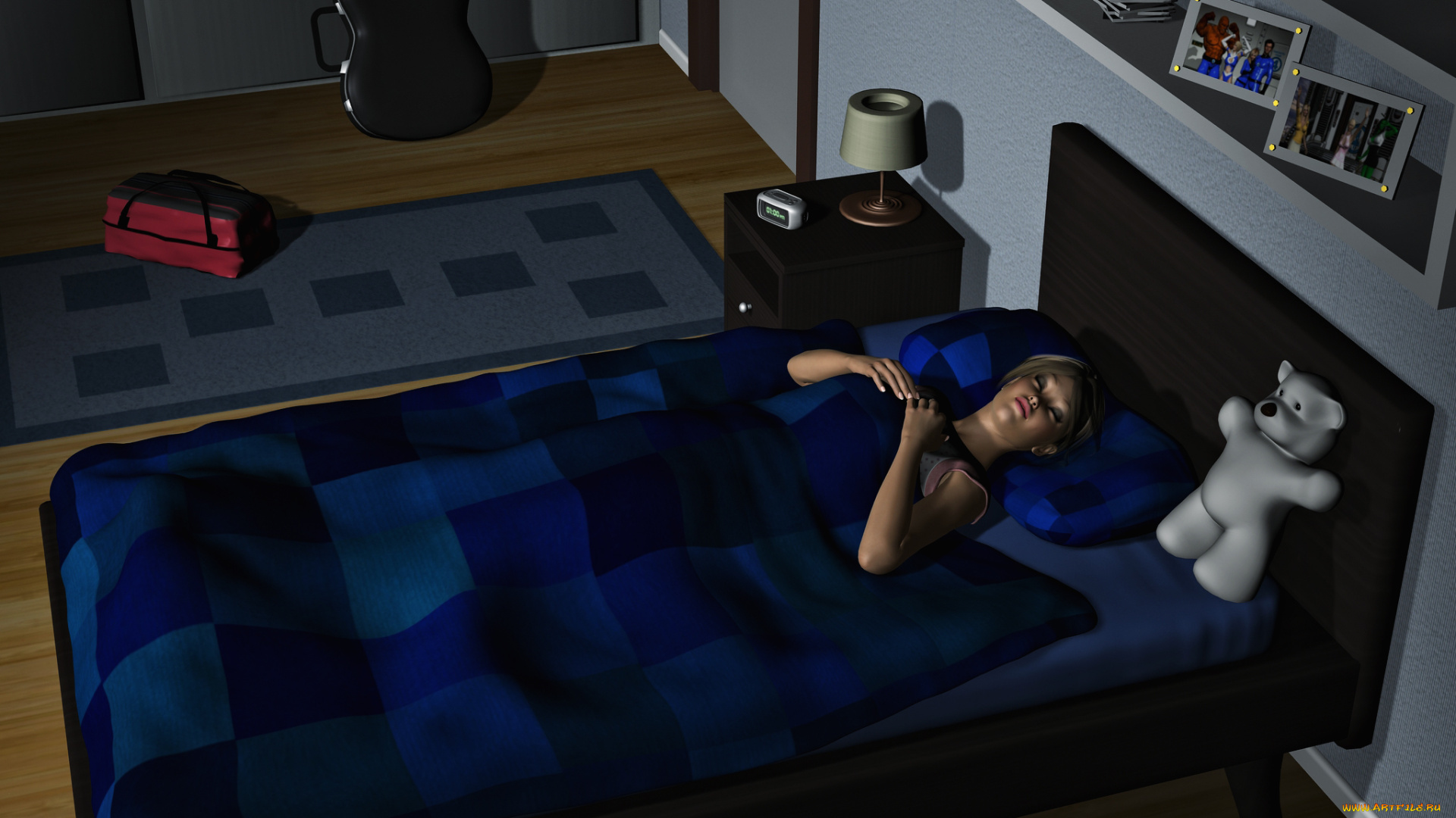 3д, графика, люди, , people, девушка, сон, кровать, наушники, комната