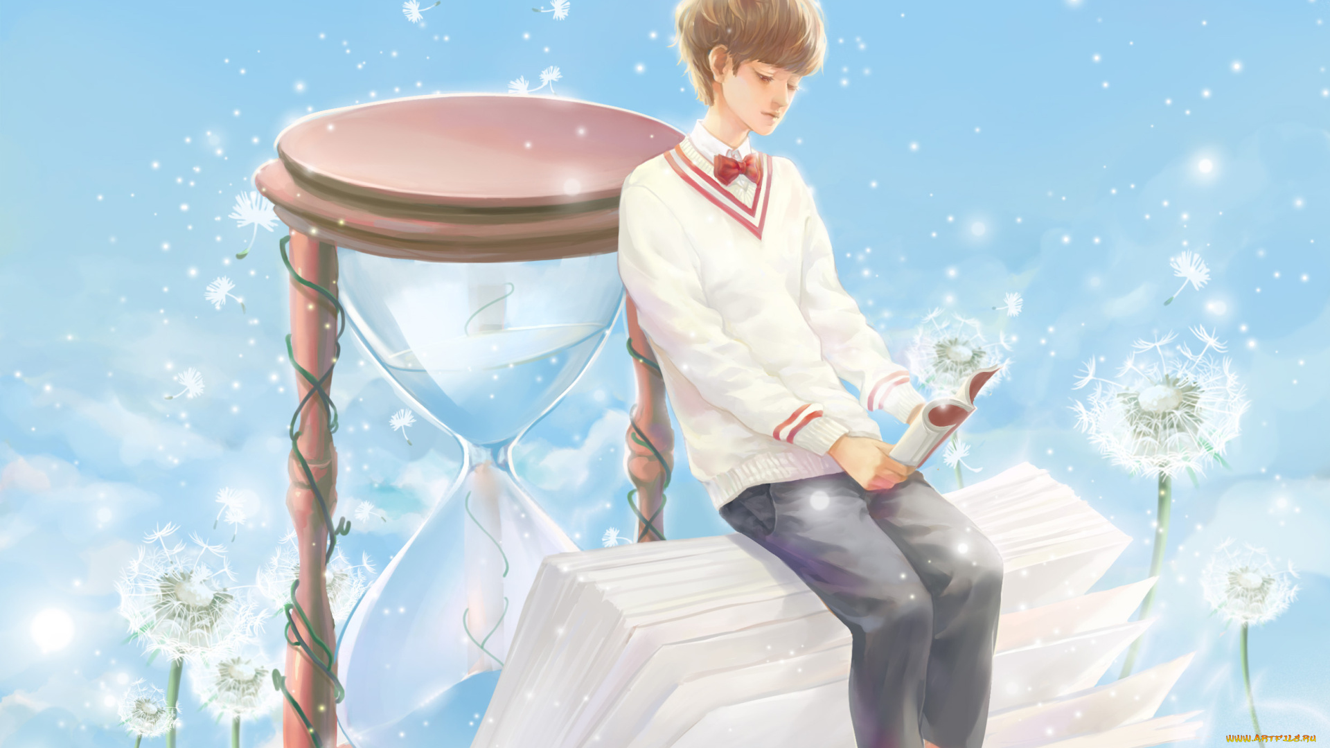 аниме, *unknown, , другое, одуванчики, песочные, часы, книга, парень