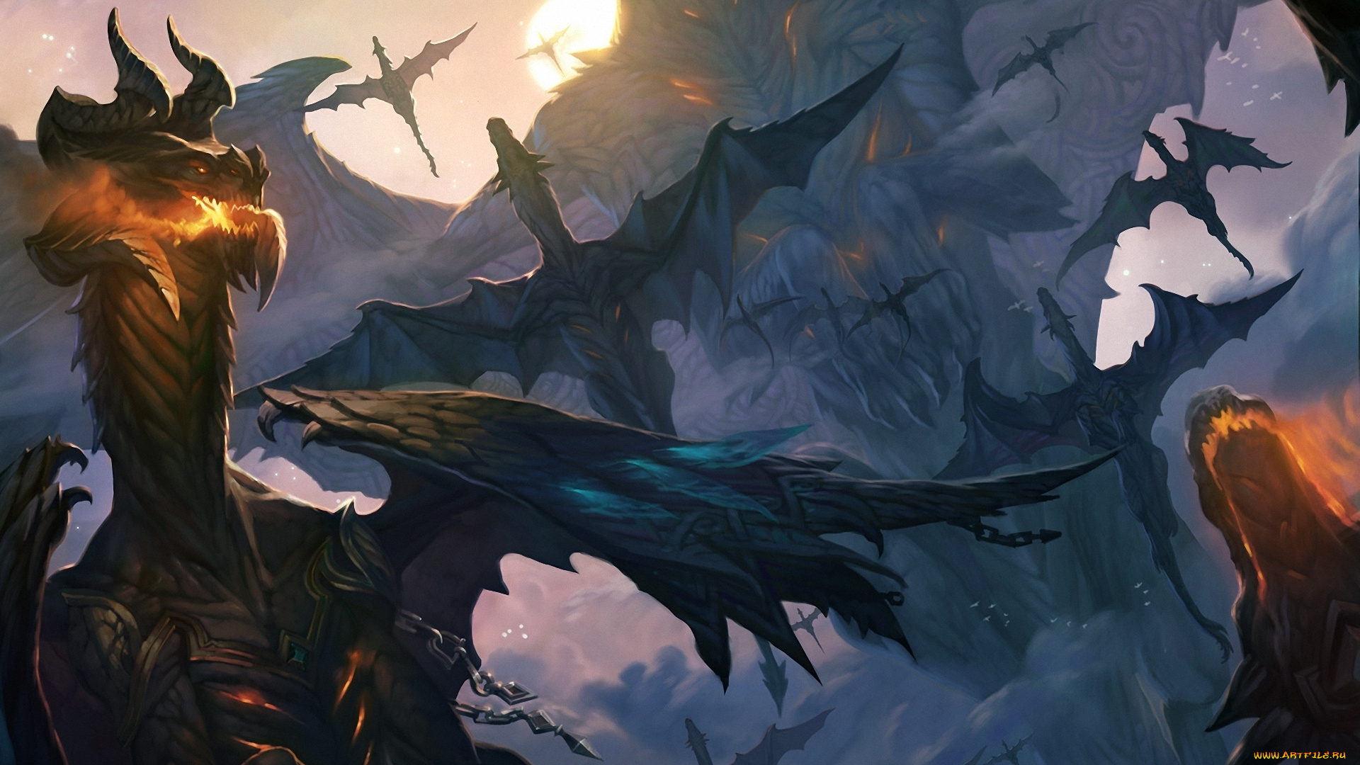 фэнтези, драконы, небо, стая, полет