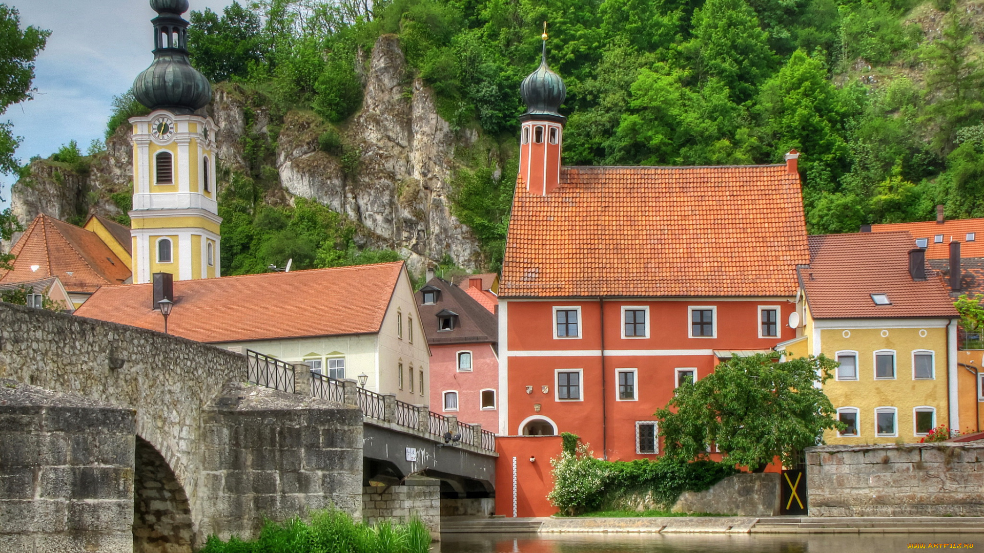 калльмюнц, германия, города, -, улицы, , площади, , набережные, мост, дома, германия, калльмюнц, река