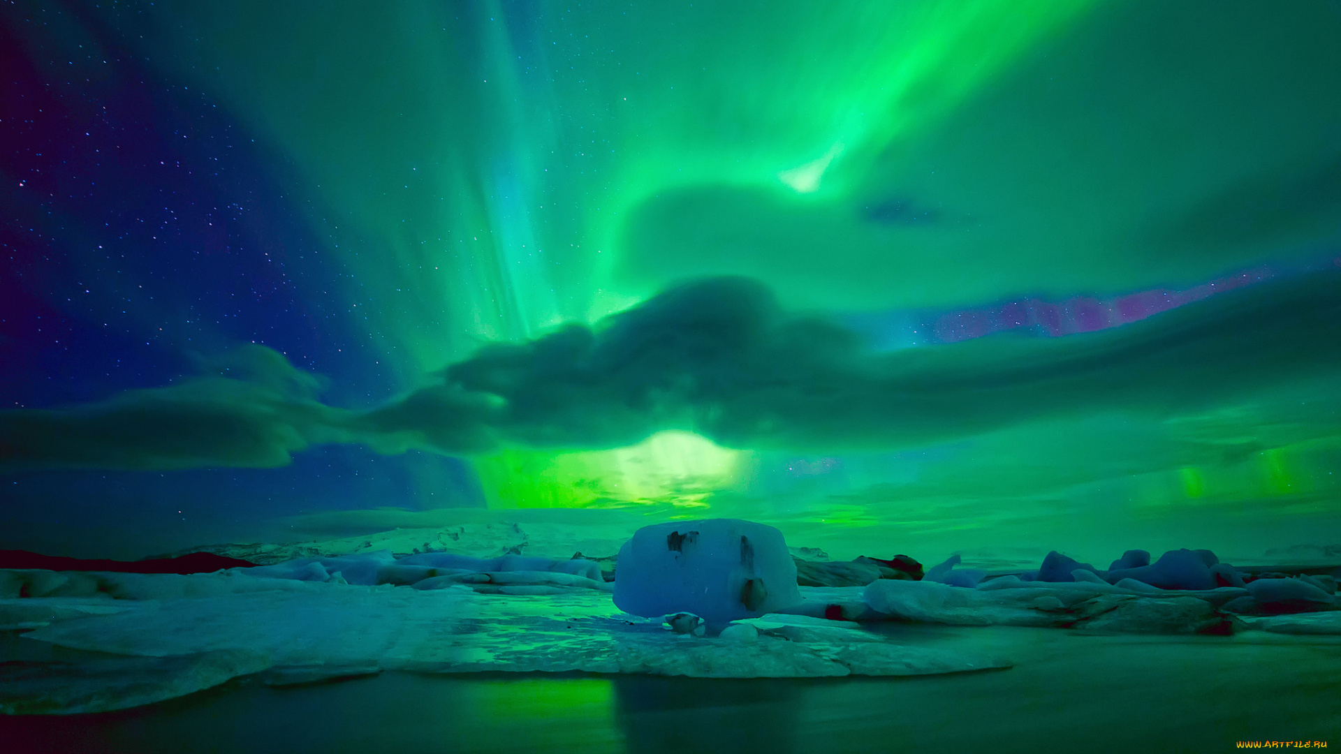 природа, северное, сияние, звезды, льдины, северное, сияние, облака, ночь, льды, небо