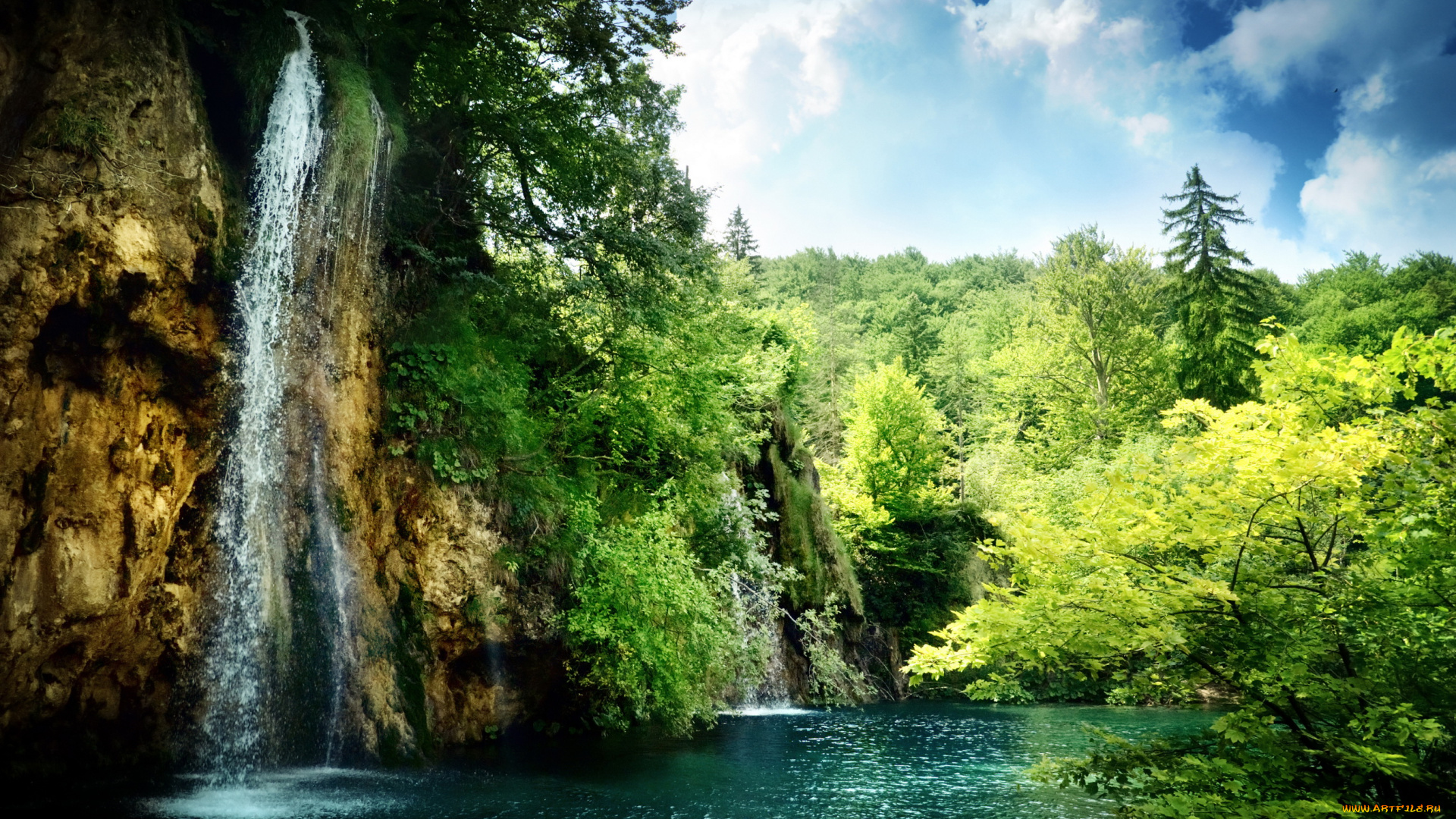 природа, водопады, река, небо, водопад, лес