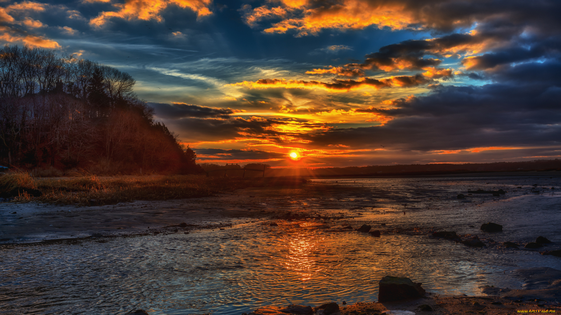 природа, восходы, закаты, лес, река, тучи, заря