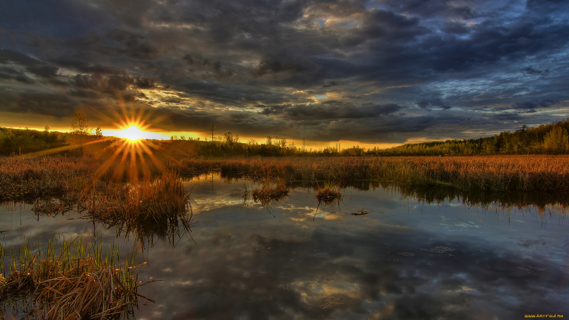 природа, восходы, закаты, лес, река, тучи, заря