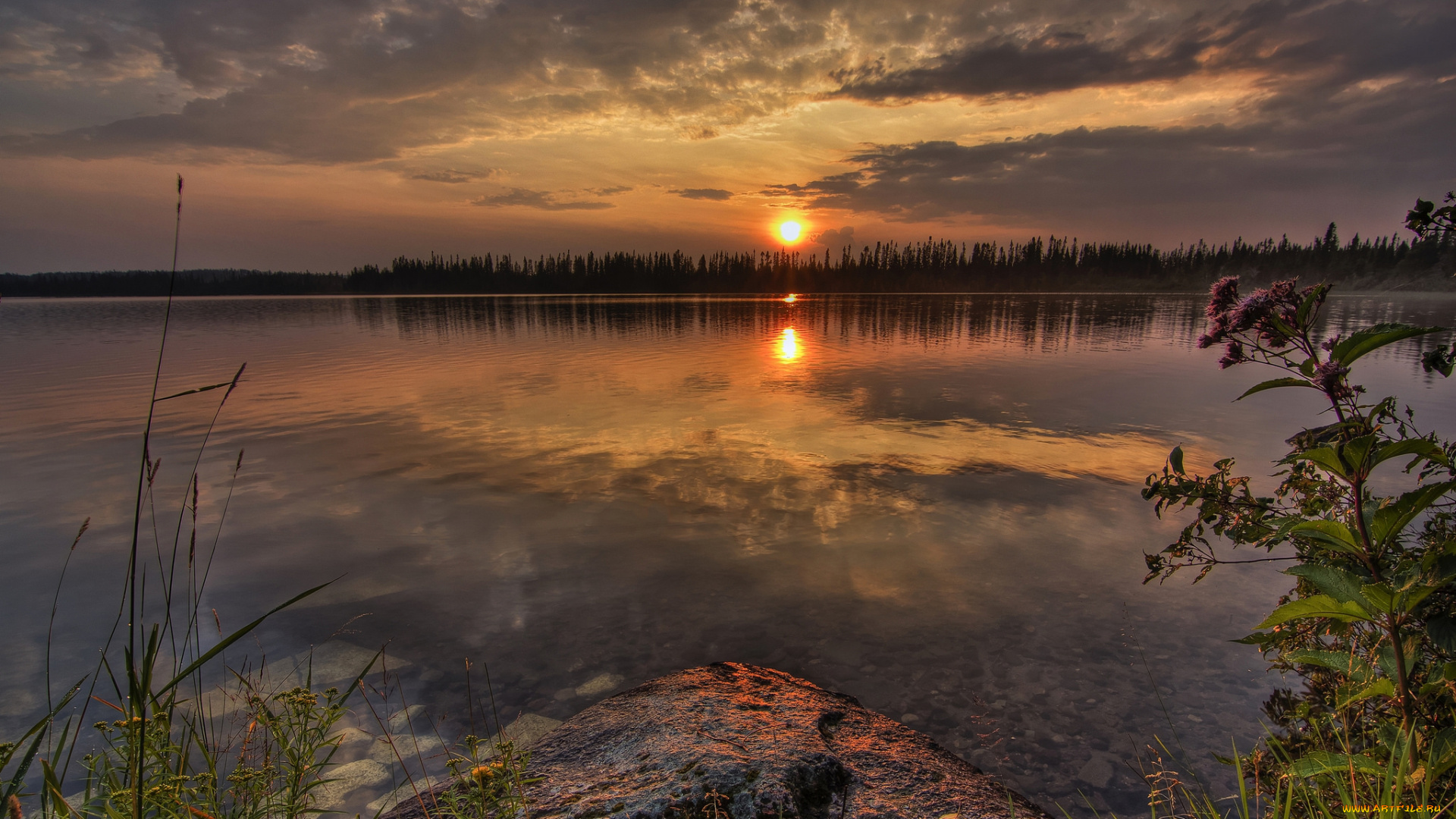 природа, восходы, закаты, озеро, лес, тучи, заря
