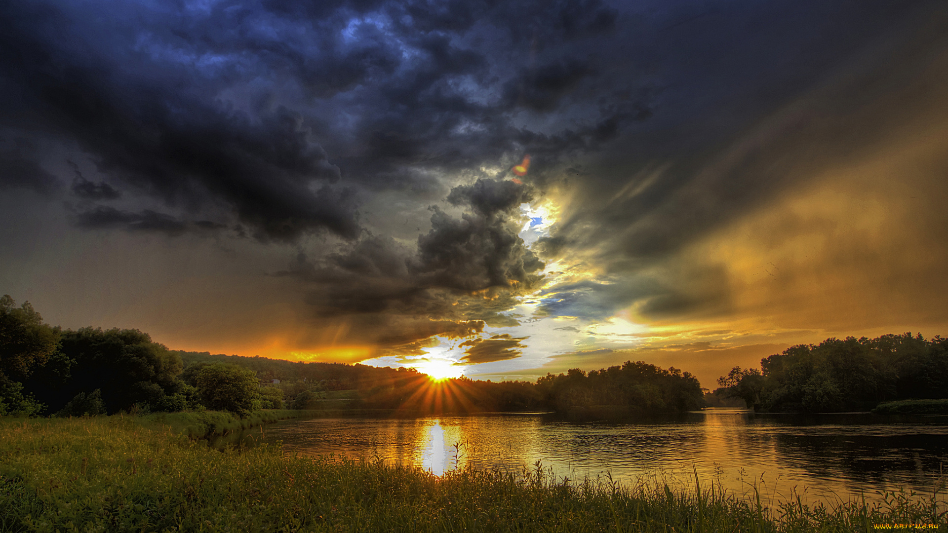 природа, восходы, закаты, заря, тучи, река, лес