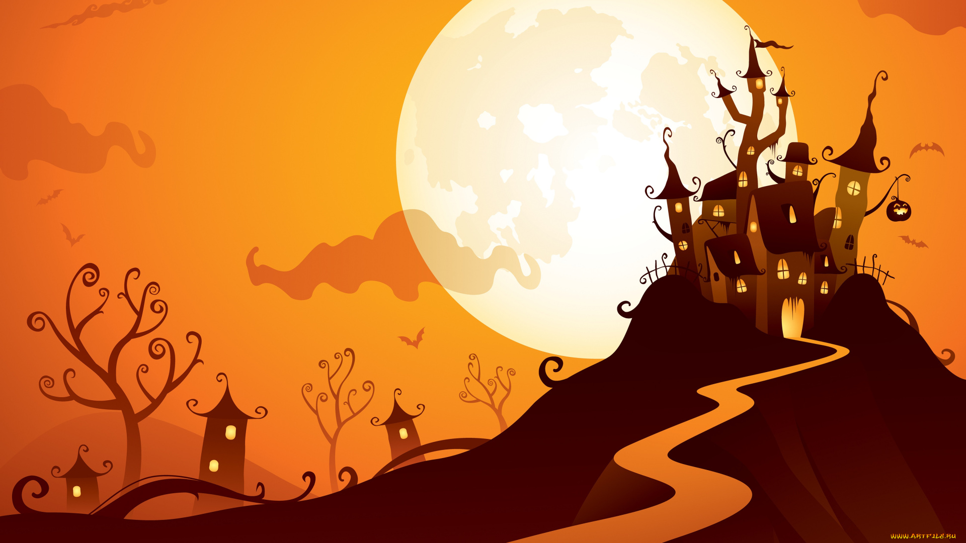 векторная, графика, другое, гора, хэллоуин, праздник, замок, птицы, баба-яга, луна
