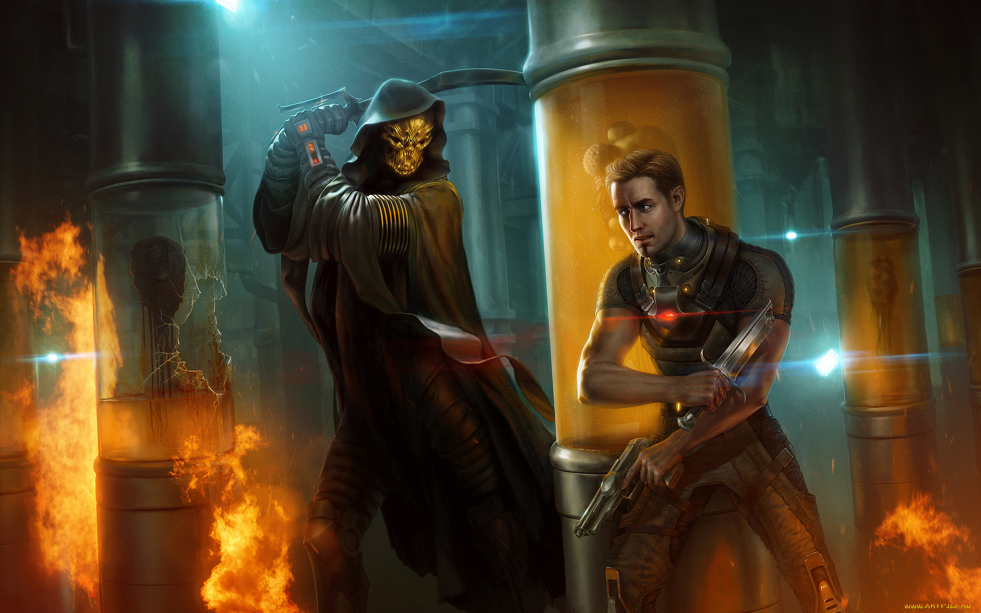 фэнтези, люди, инопланетянин, солдат, схватка, оружие, лаборатория