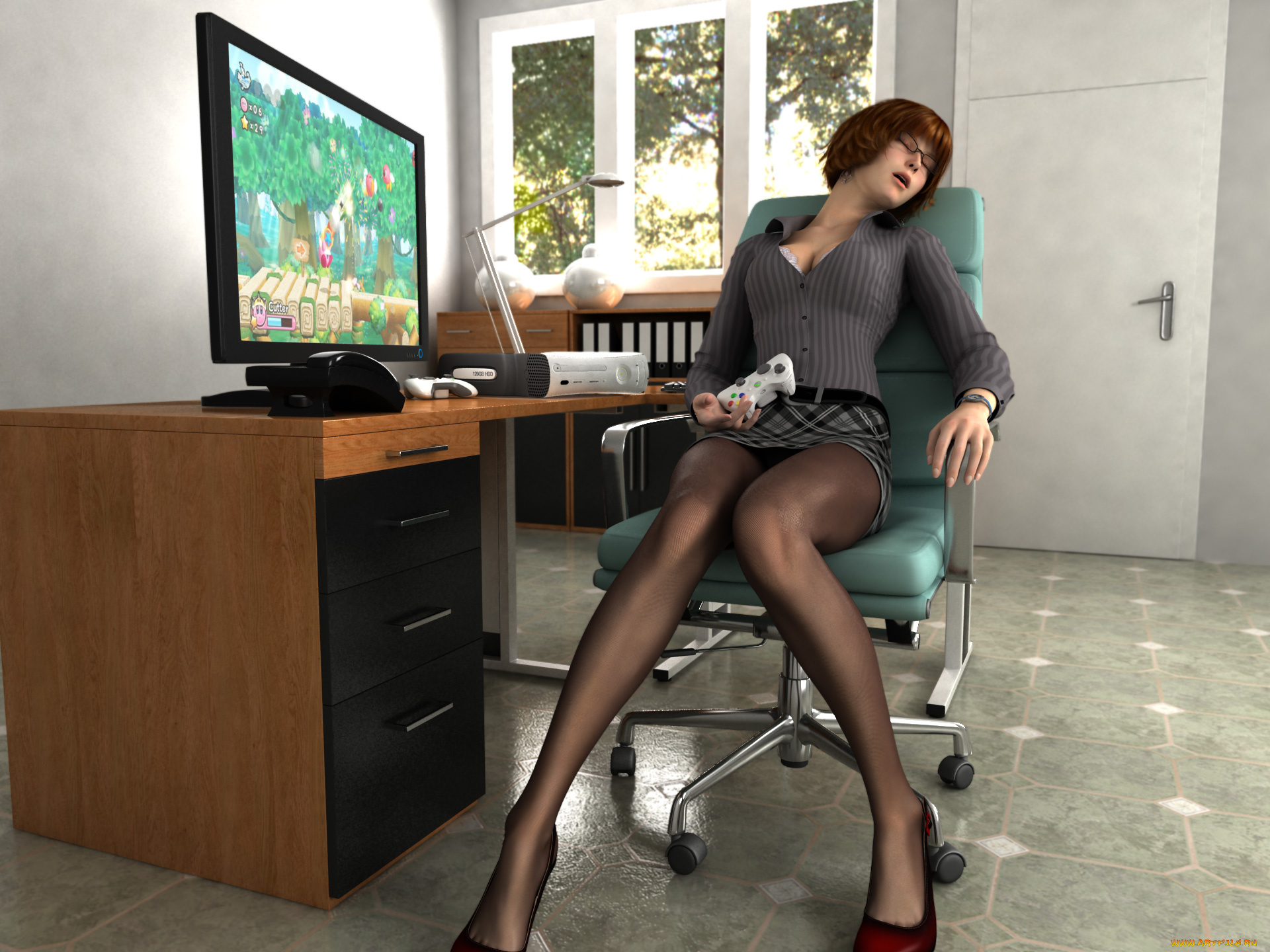 3д, графика, люди, , people, стол, компютер, девушка, сон