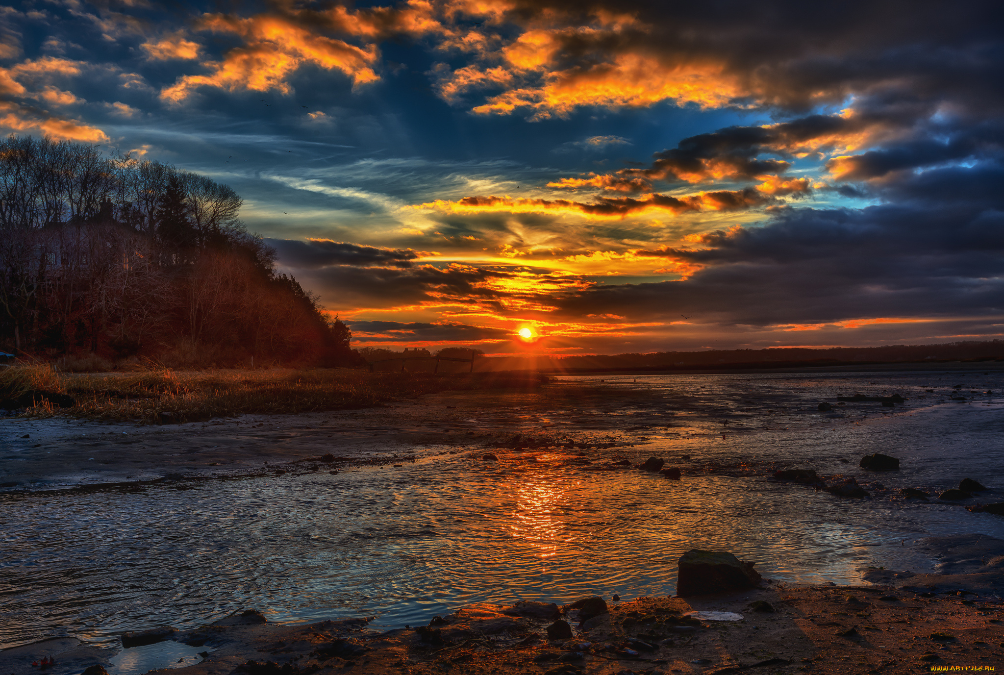 природа, восходы, закаты, лес, река, тучи, заря