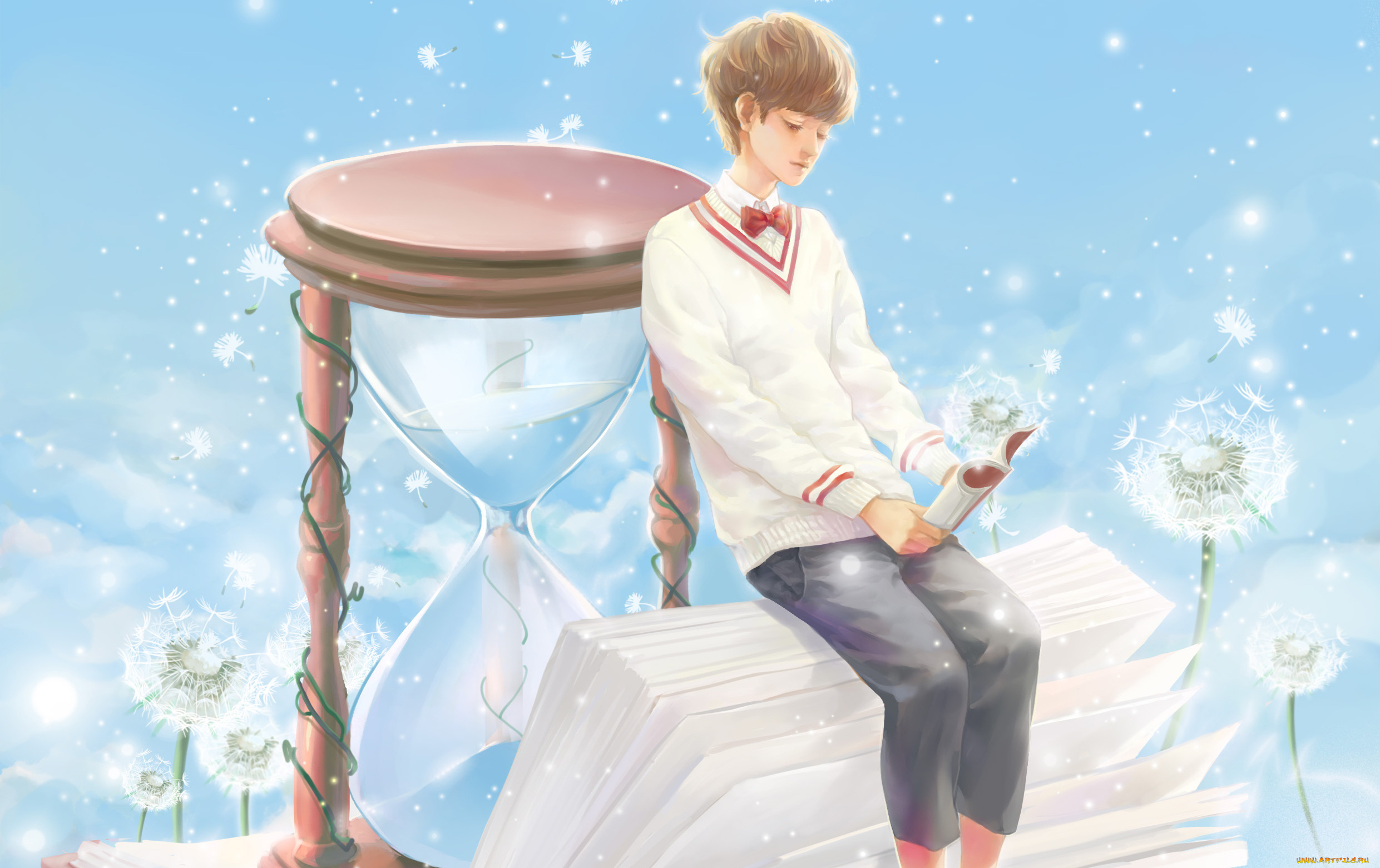 аниме, *unknown, , другое, одуванчики, песочные, часы, книга, парень