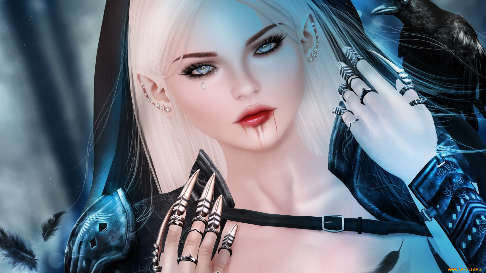 3д, графика, эльфы, , elves, слеза, эльф, краги, ворон, блондинка, девушка, кровь