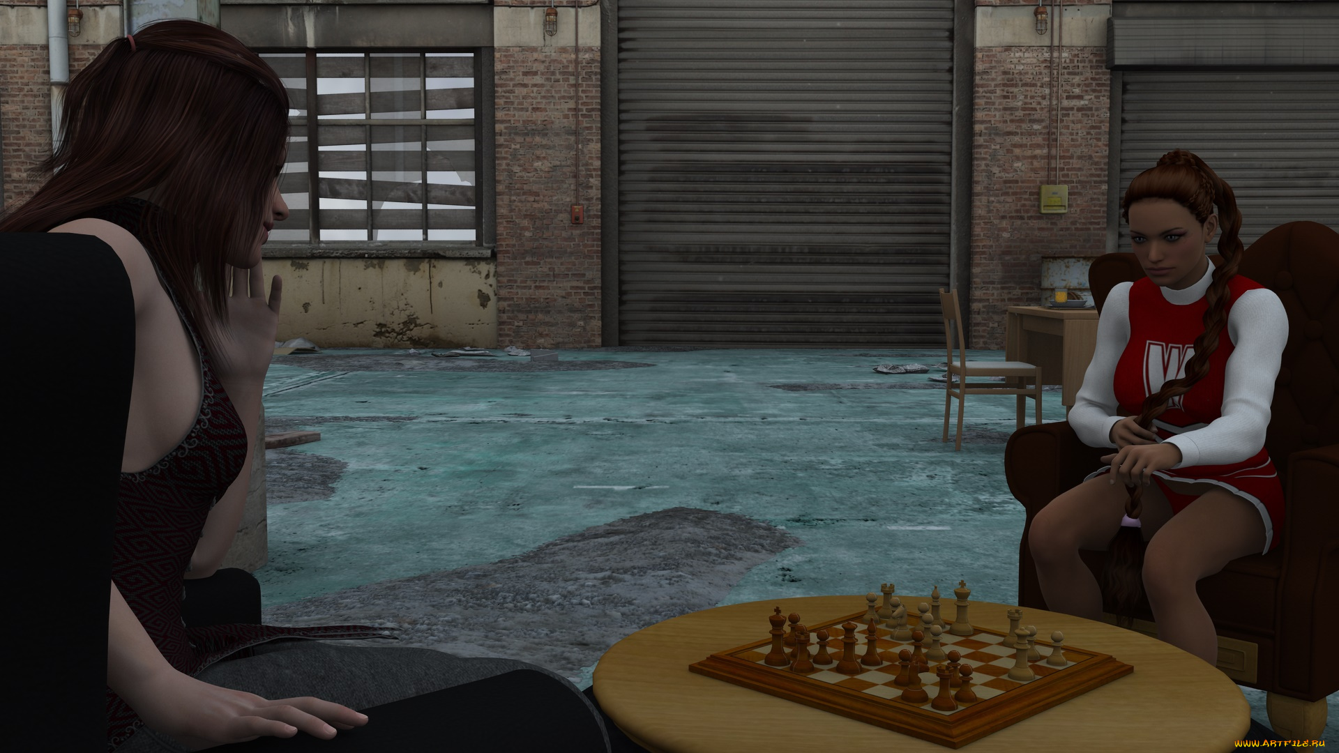 3д, графика, люди, , people, девушки, фон, стол, взгляд, шахматы