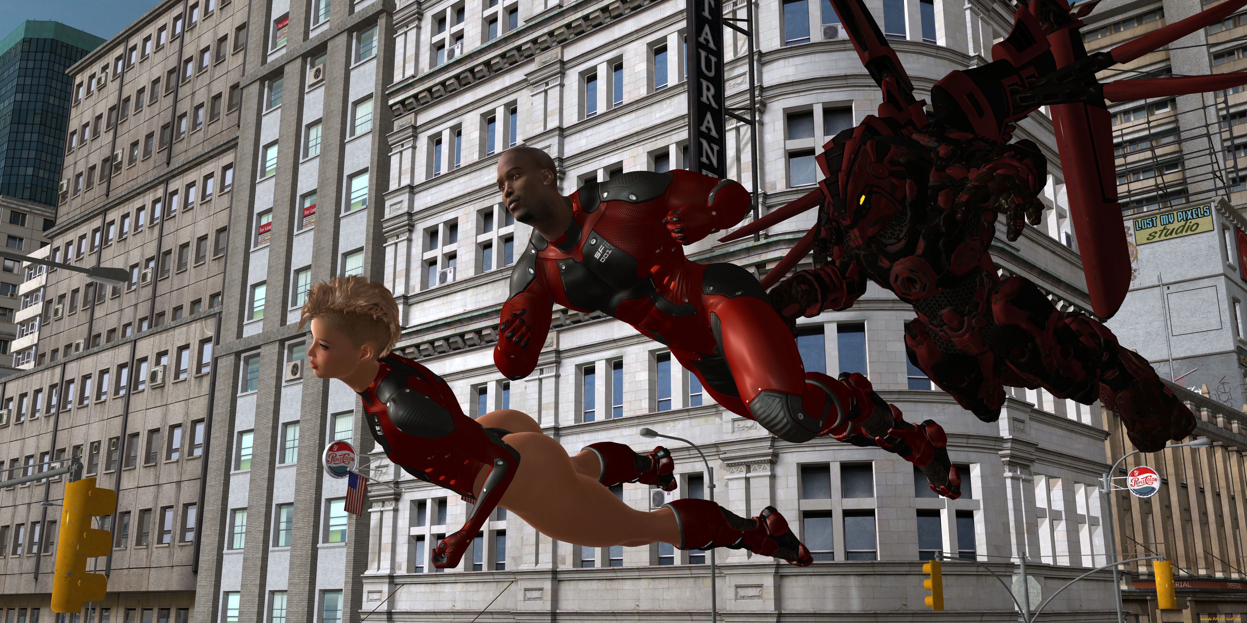 3д, графика, фантазия, , fantasy, полет, мужчина, фон, взгляд, девушка