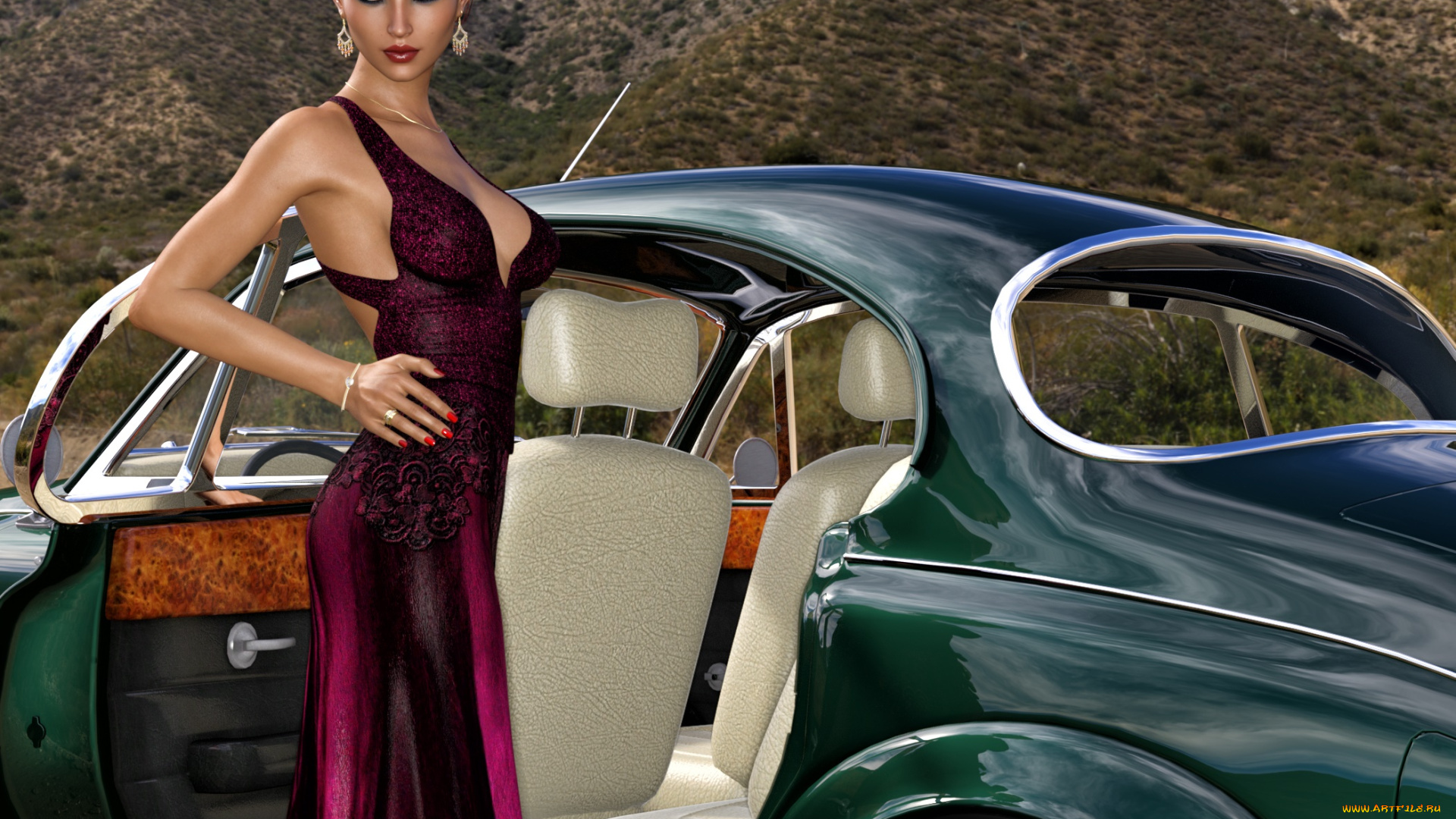 3д, графика, люди-авто, мото, , people-, car, , , moto, девушка, взгляд, фон, автомобиль