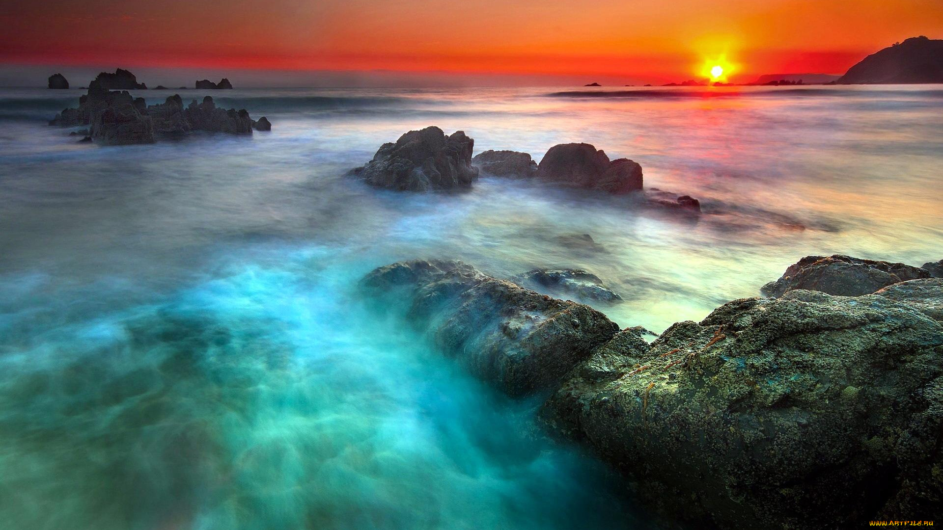 природа, побережье, камни, берег, море, солнце, закат