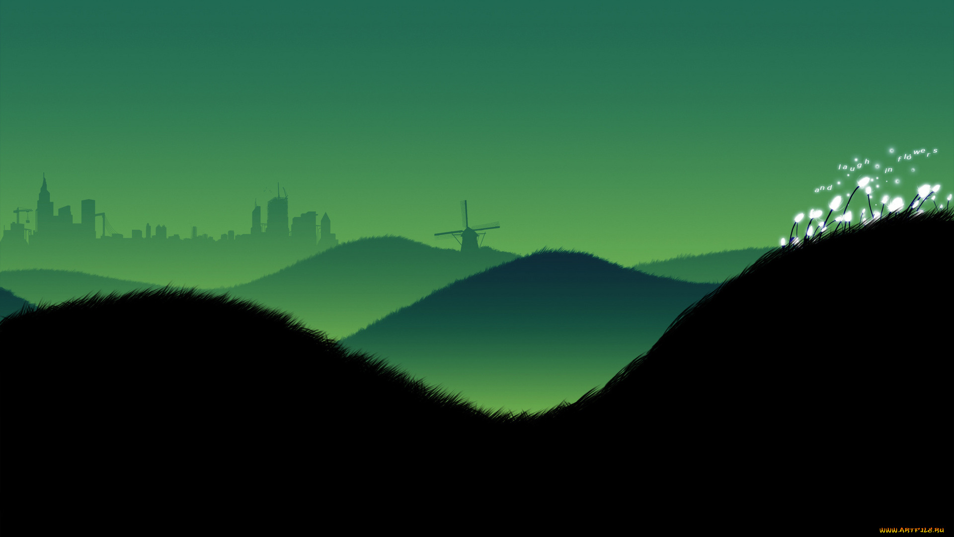 векторная, графика, природа, , nature, трава, мельница, город, холмы