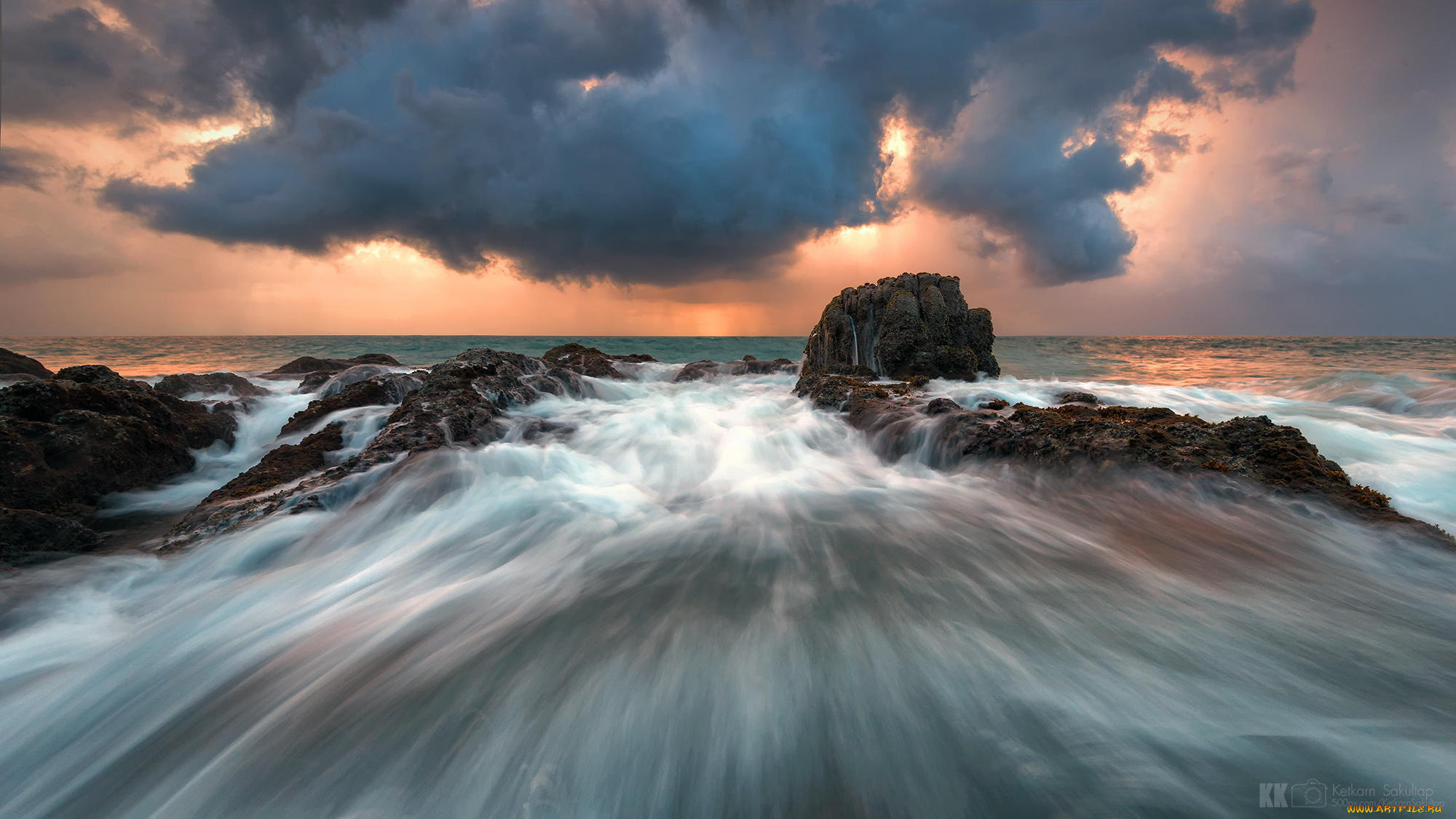 природа, побережье, пейзаж, пляж, камни, рассвет