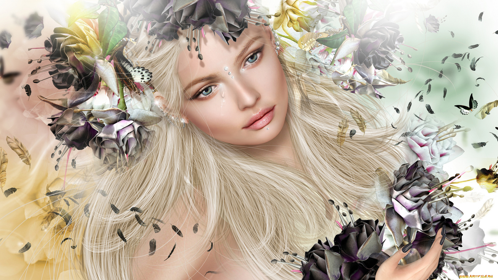 3д, графика, люди, , people, 3д, бабочка, венок, рвать, перья, графика, капли, блондинка, девушка, цветы