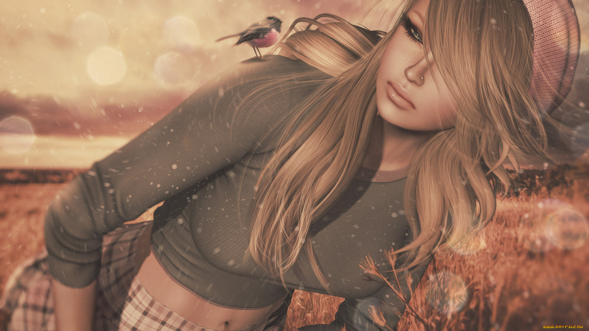 3д, графика, люди, , people, 3д, боке, берет, трава, птица, юбка, джемпер, графика, девушка, природа