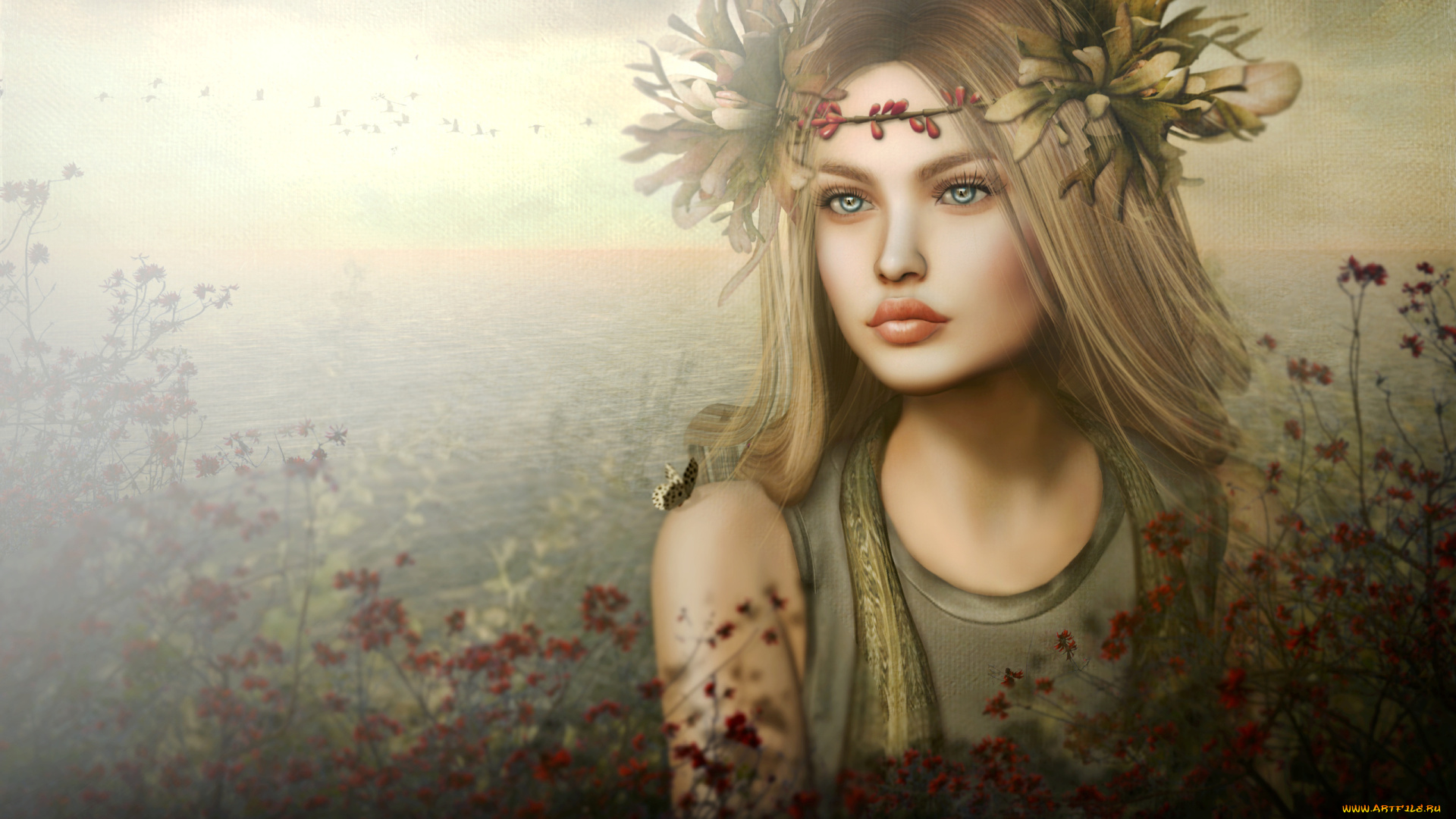 3д, графика, люди, , people, 3d, графика, листья, венок, море, природа, арт, девушка