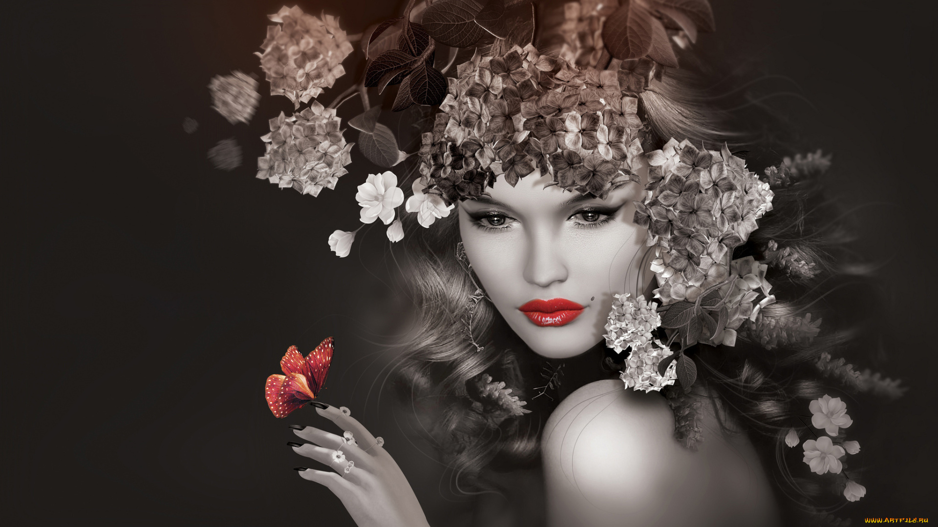 3д, графика, люди, , people, арт, графика, макияж, цветы, 3d, девушка, бабочка