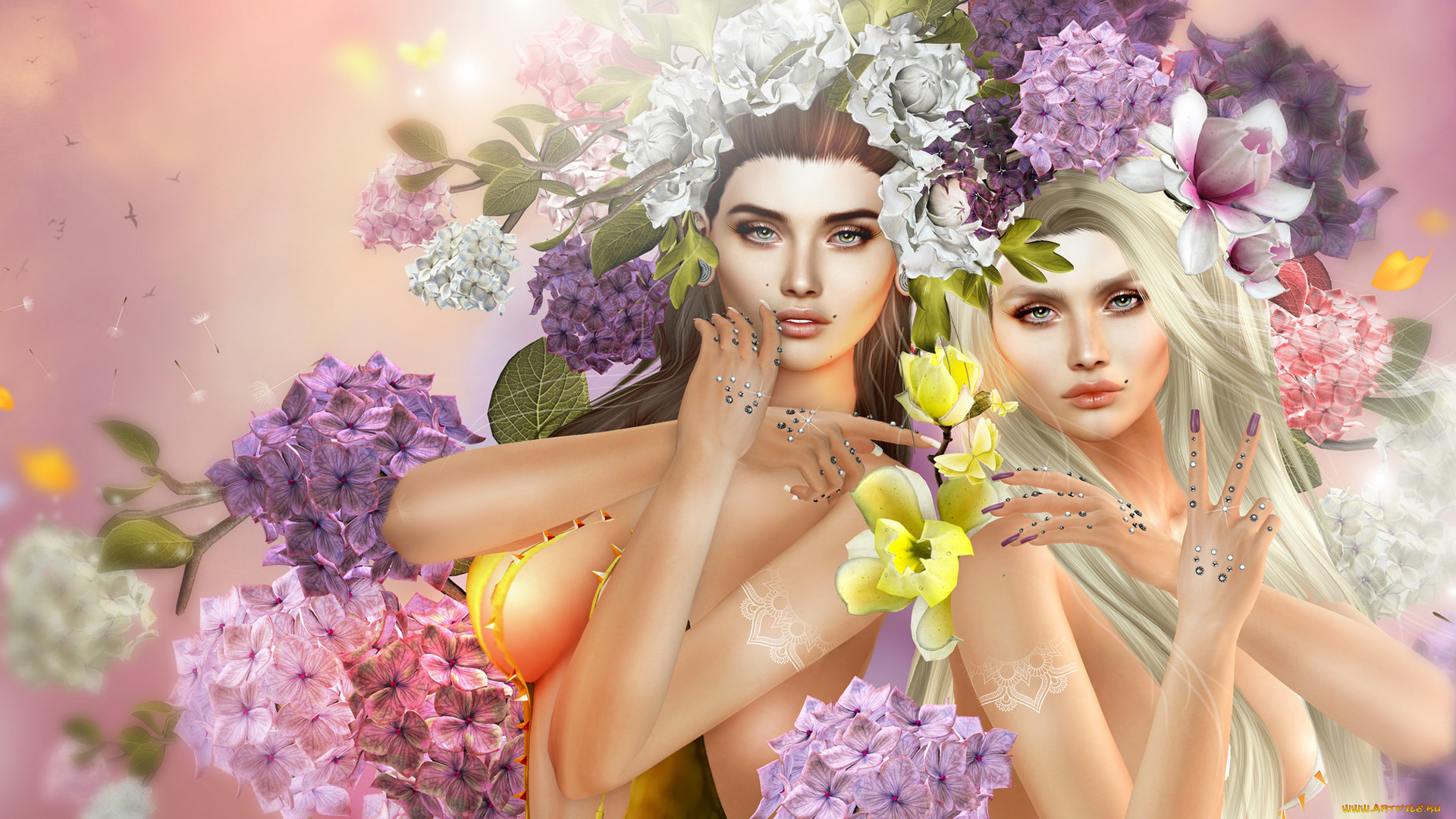 3д, графика, люди, , people, шатенка, магнолия, гортензия, цветы, 3d, украшения, венок, блондинка, девушки, графика, арт
