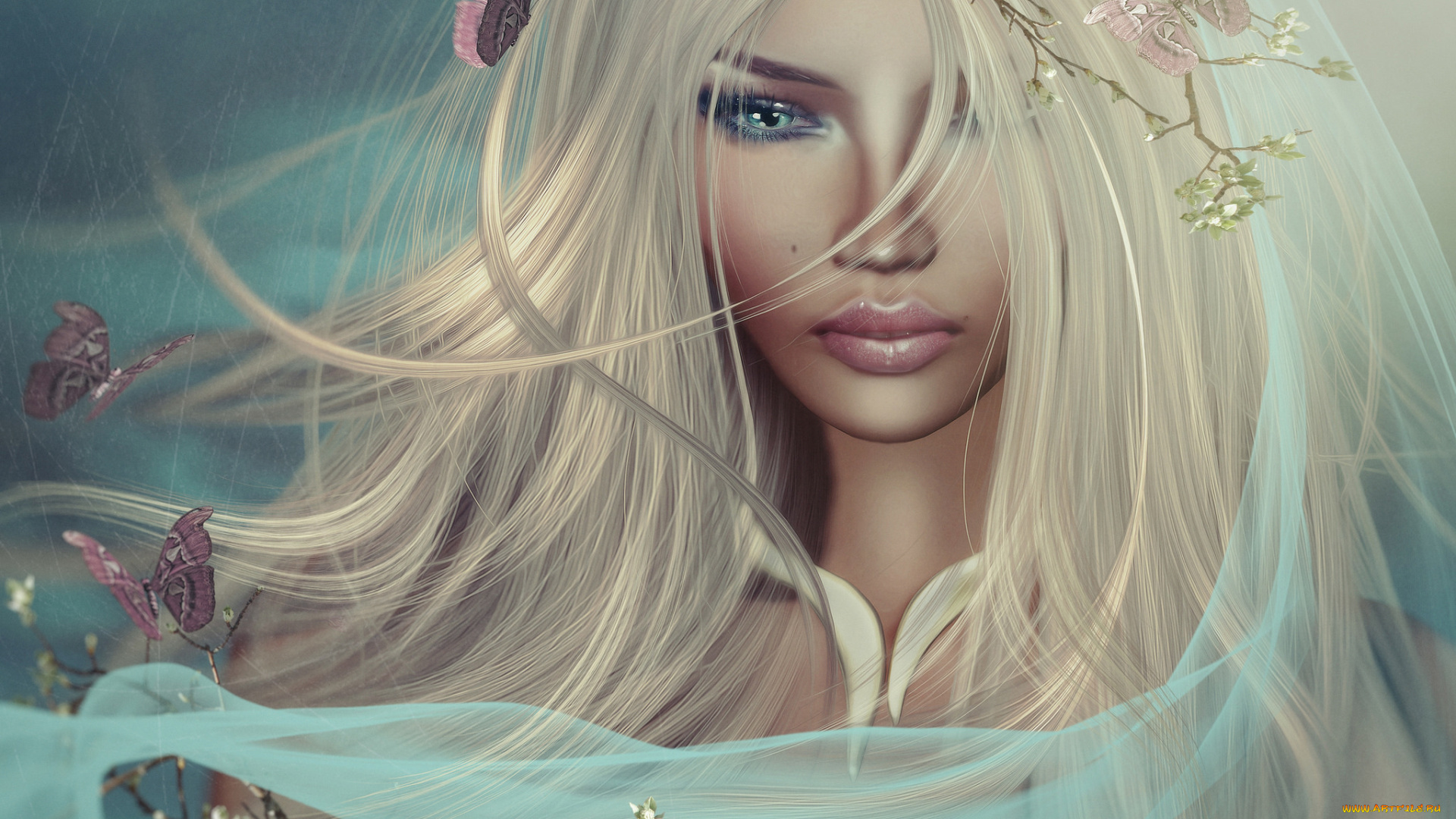 3д, графика, люди, , people, весна, графика, филиалы, 3д, блондинка, девушка, фата, макияж, бабочка