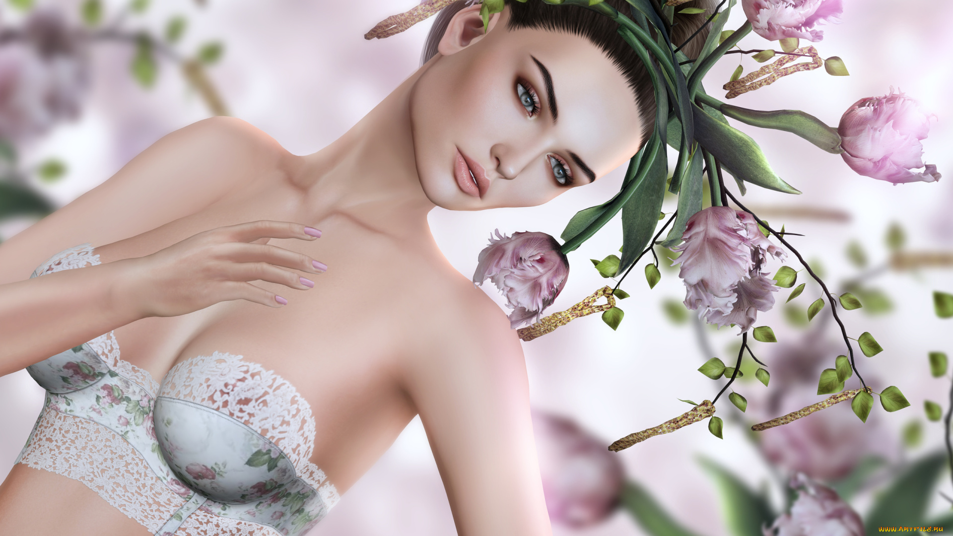 3д, графика, люди, , people, ветки, тюльпаны, брюнетка, девушка, венок, цветы, лиф, арт, графика, 3d, серёжки, берёза