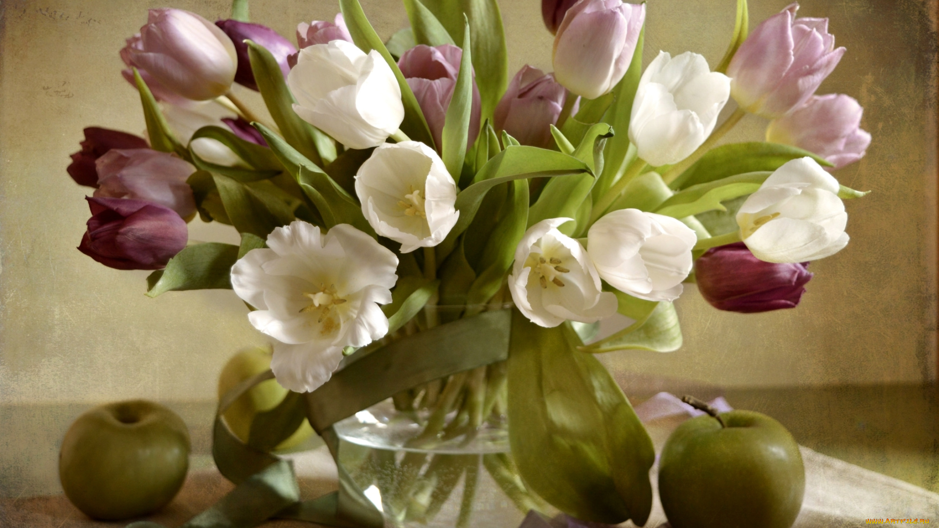 цветы, тюльпаны, текстура, яблоко, букет