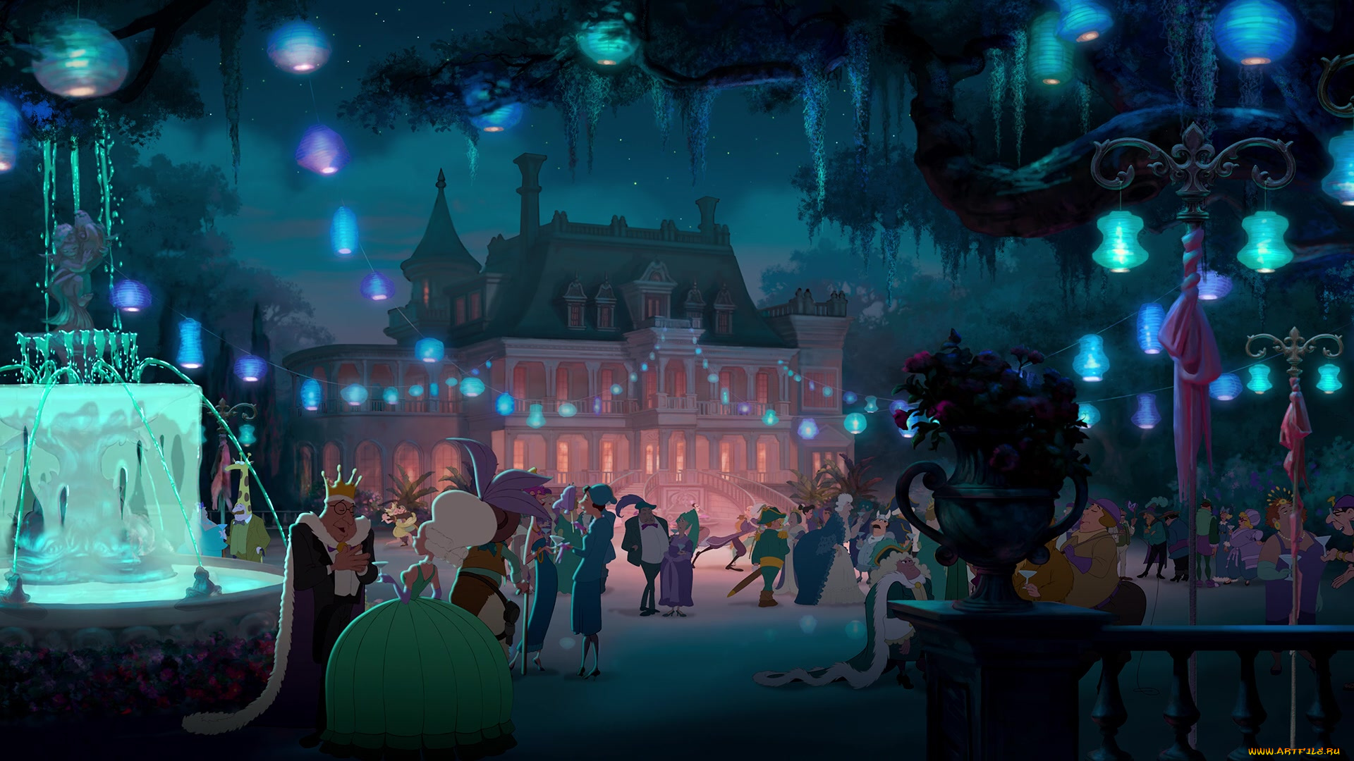 мультфильмы, the, princess, and, the, frog, дворец, фонари, фонтан, люди