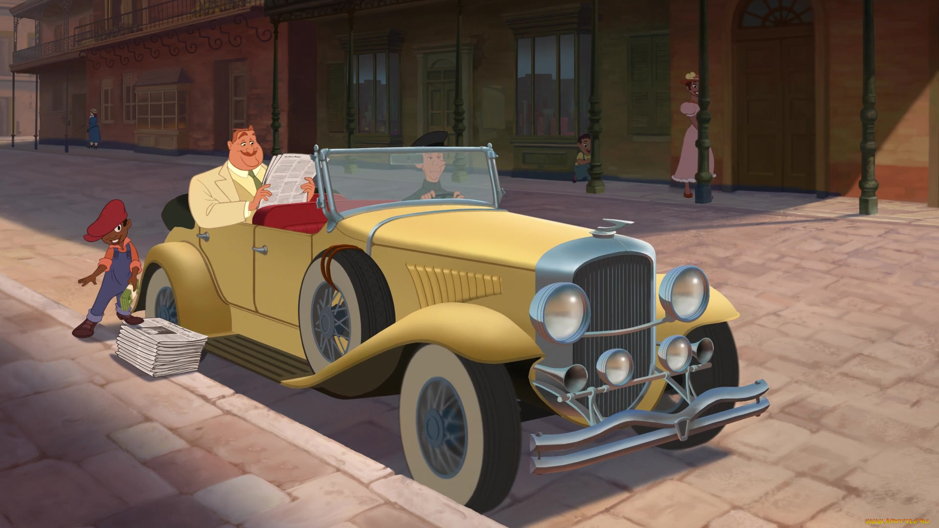 мультфильмы, the, princess, and, the, frog, здание, газета, люди, машина