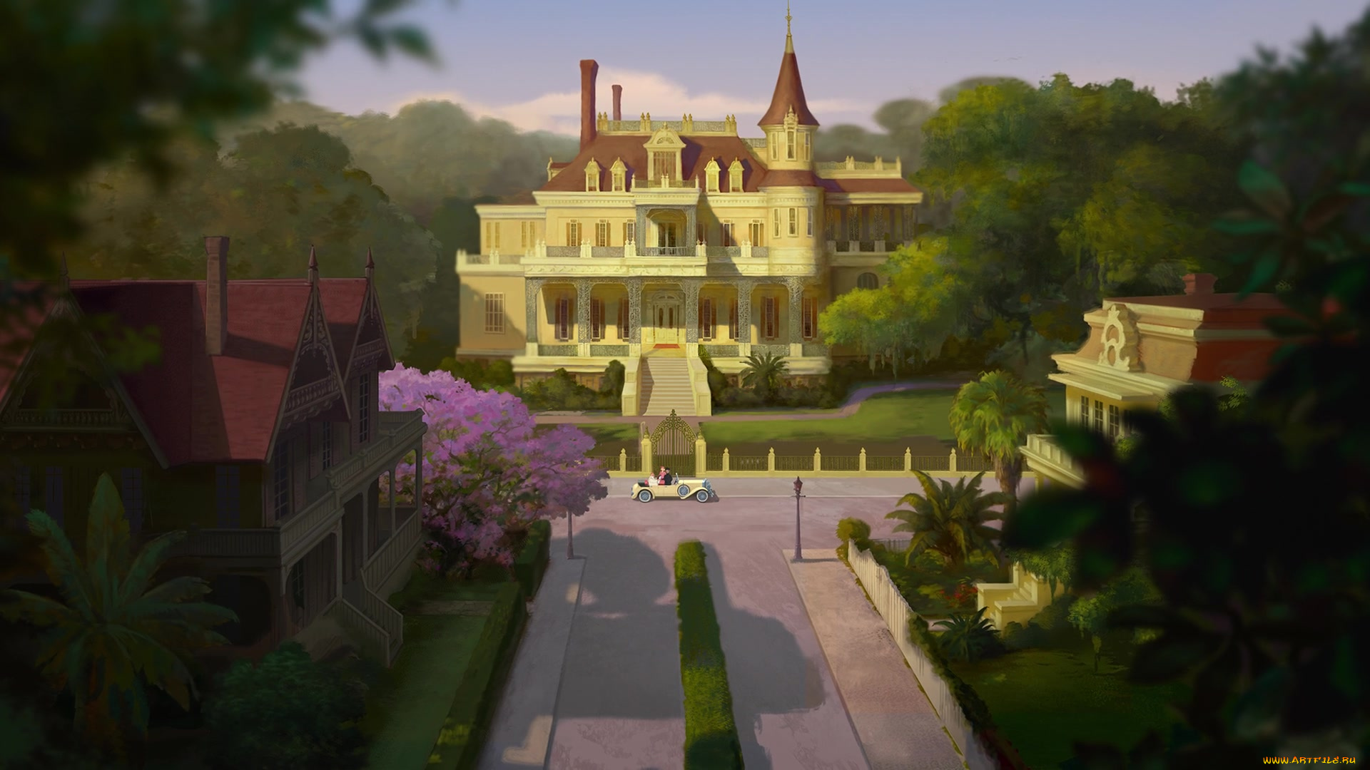 мультфильмы, the, princess, and, the, frog, здания, машина, деревья, пейзаж, дворец