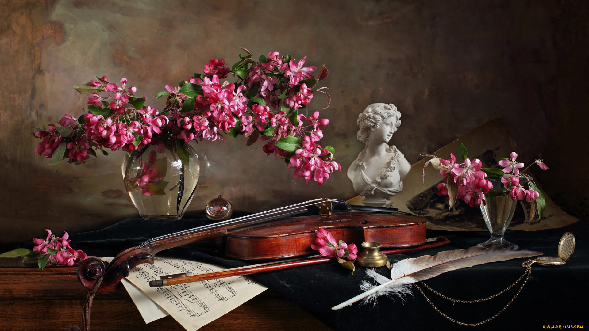 музыка, -музыкальные, инструменты, ноты, бюст, девушка, скрипка, цветы, ветки, бокал, ваза, перо, still, life, andrey, morozov, андрей, морозов